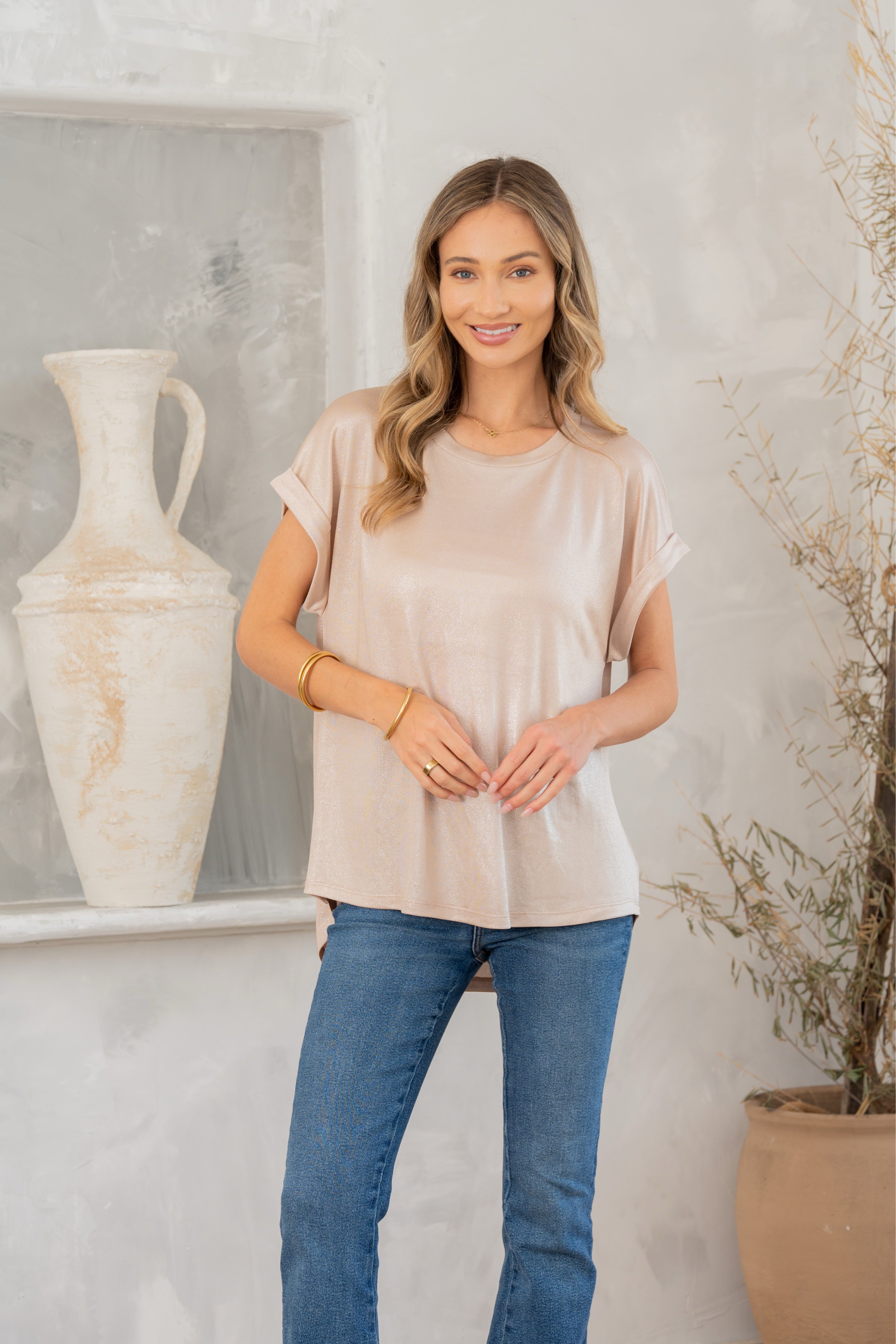 Shimmer Cuffed Top in Taupe-Womens-Stay Foxy Boutique, Florissant, Missouri