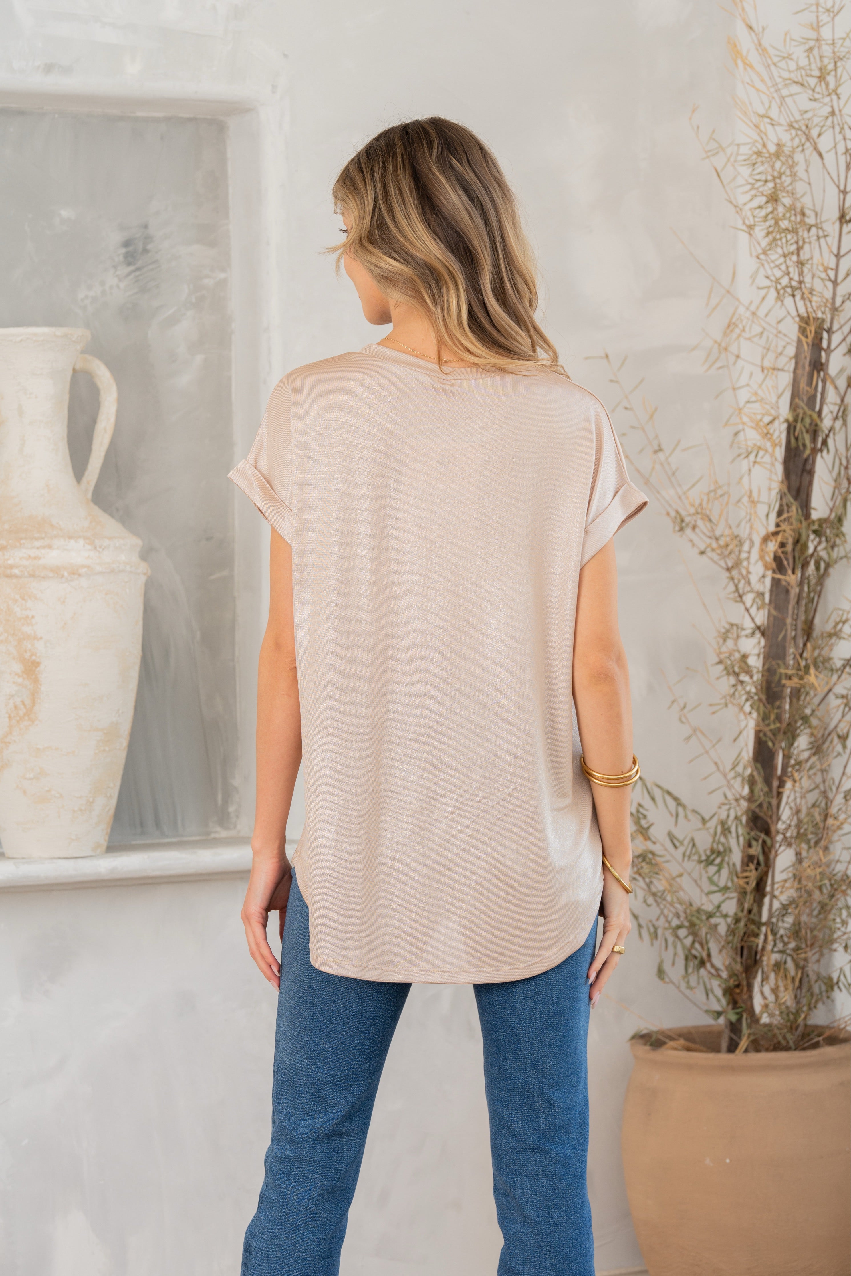 Shimmer Cuffed Top in Taupe-Womens-Stay Foxy Boutique, Florissant, Missouri