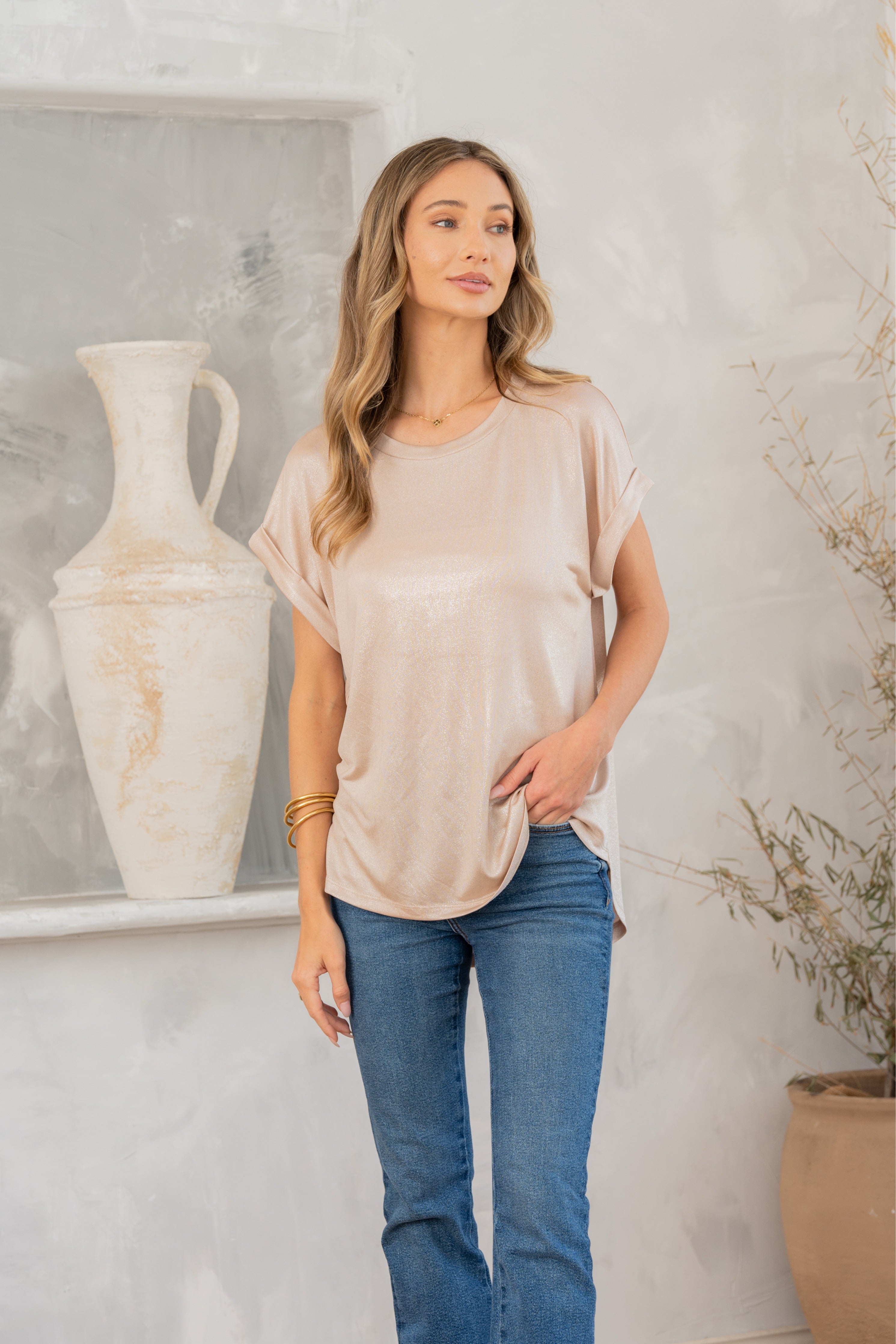 Shimmer Cuffed Top in Taupe-Womens-Stay Foxy Boutique, Florissant, Missouri