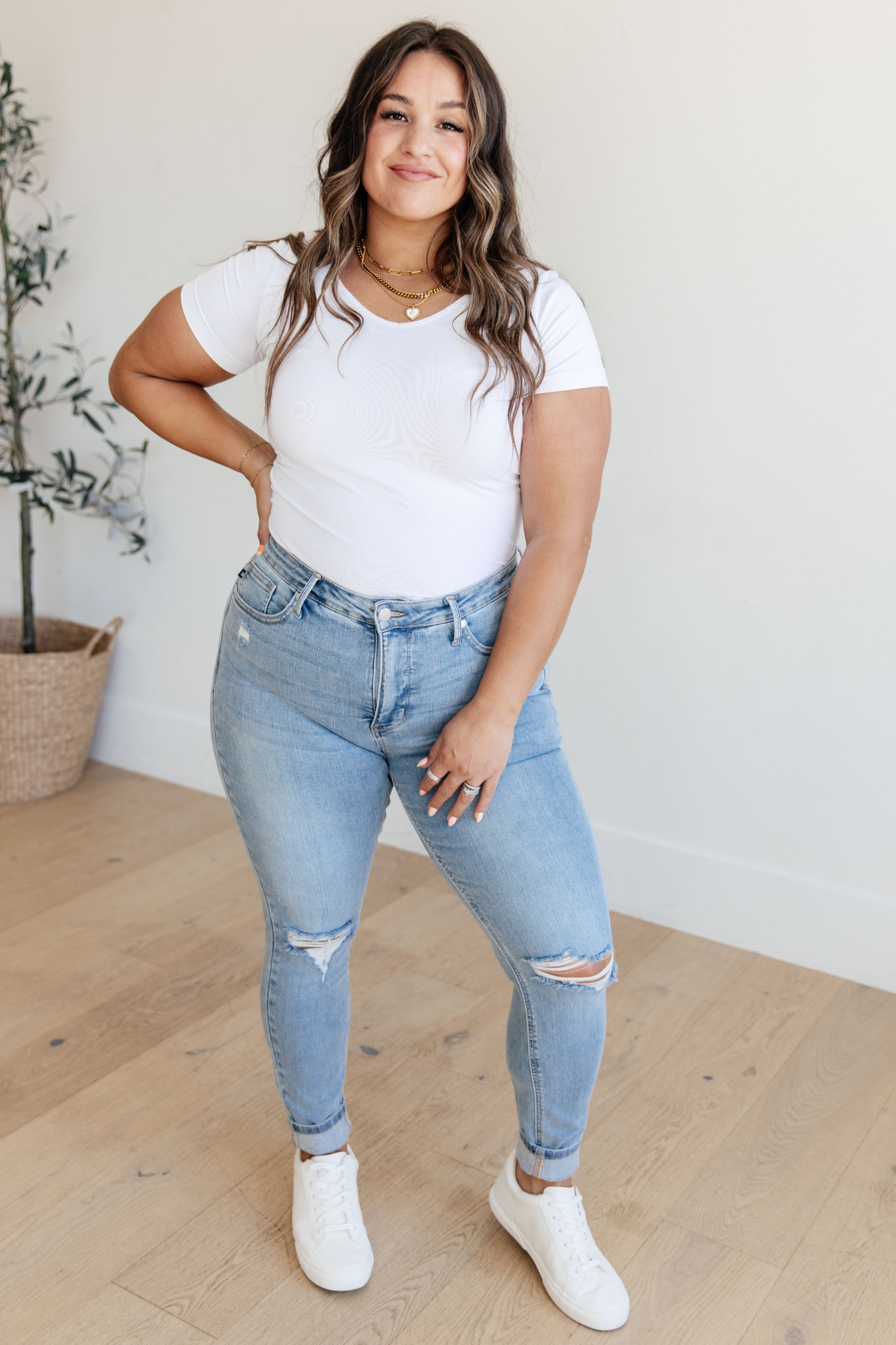 Eloise Mid Rise Control Top Distressed Skinny Jeans-Womens-Stay Foxy Boutique, Florissant, Missouri