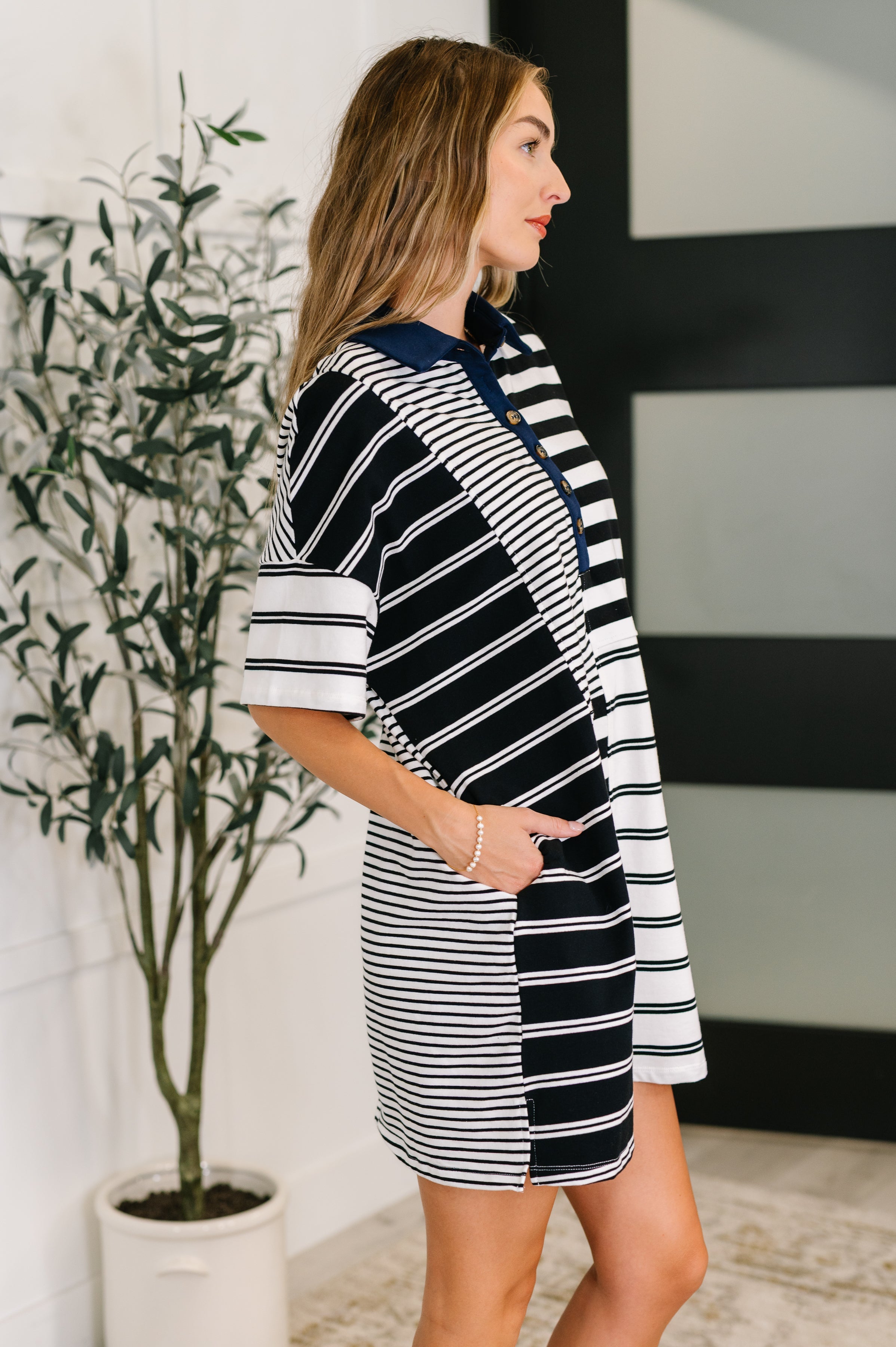 Everlasting Love Striped Collared Dress in Black and Navy-Womens-Stay Foxy Boutique, Florissant, Missouri
