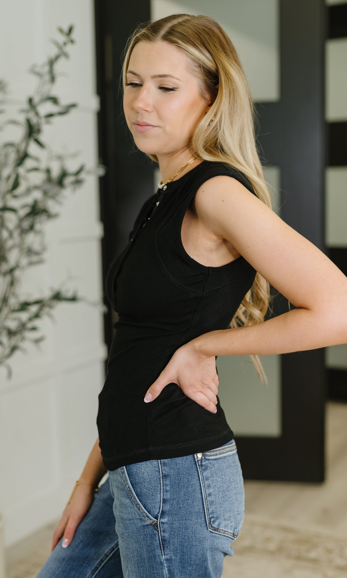 Everyday Edge Knit Henley Tank in Black-Womens-Stay Foxy Boutique, Florissant, Missouri