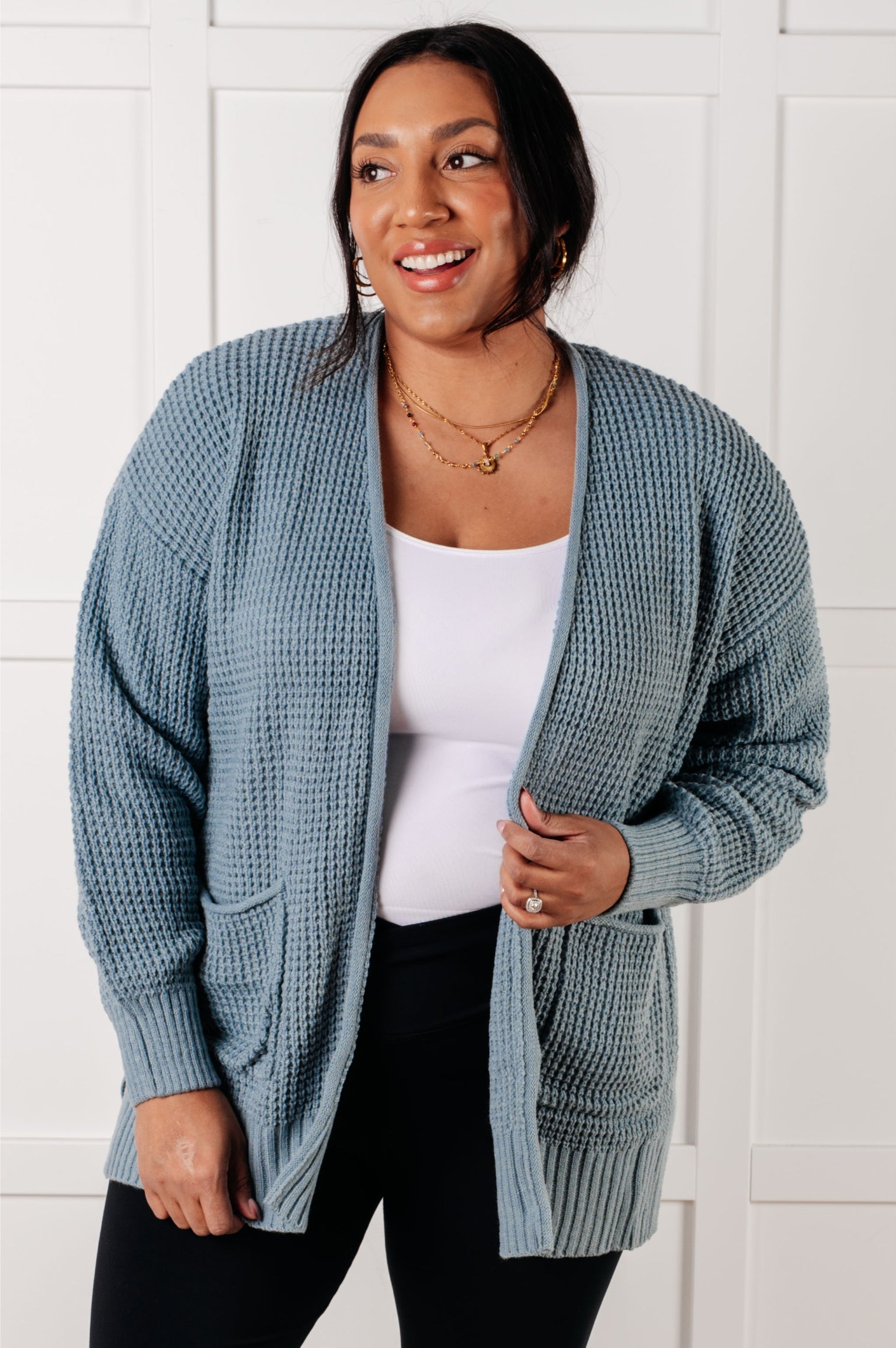 Everything Layer Waffle Knit Open Front Cardigan in Blue Grey-Layers-Stay Foxy Boutique, Florissant, Missouri