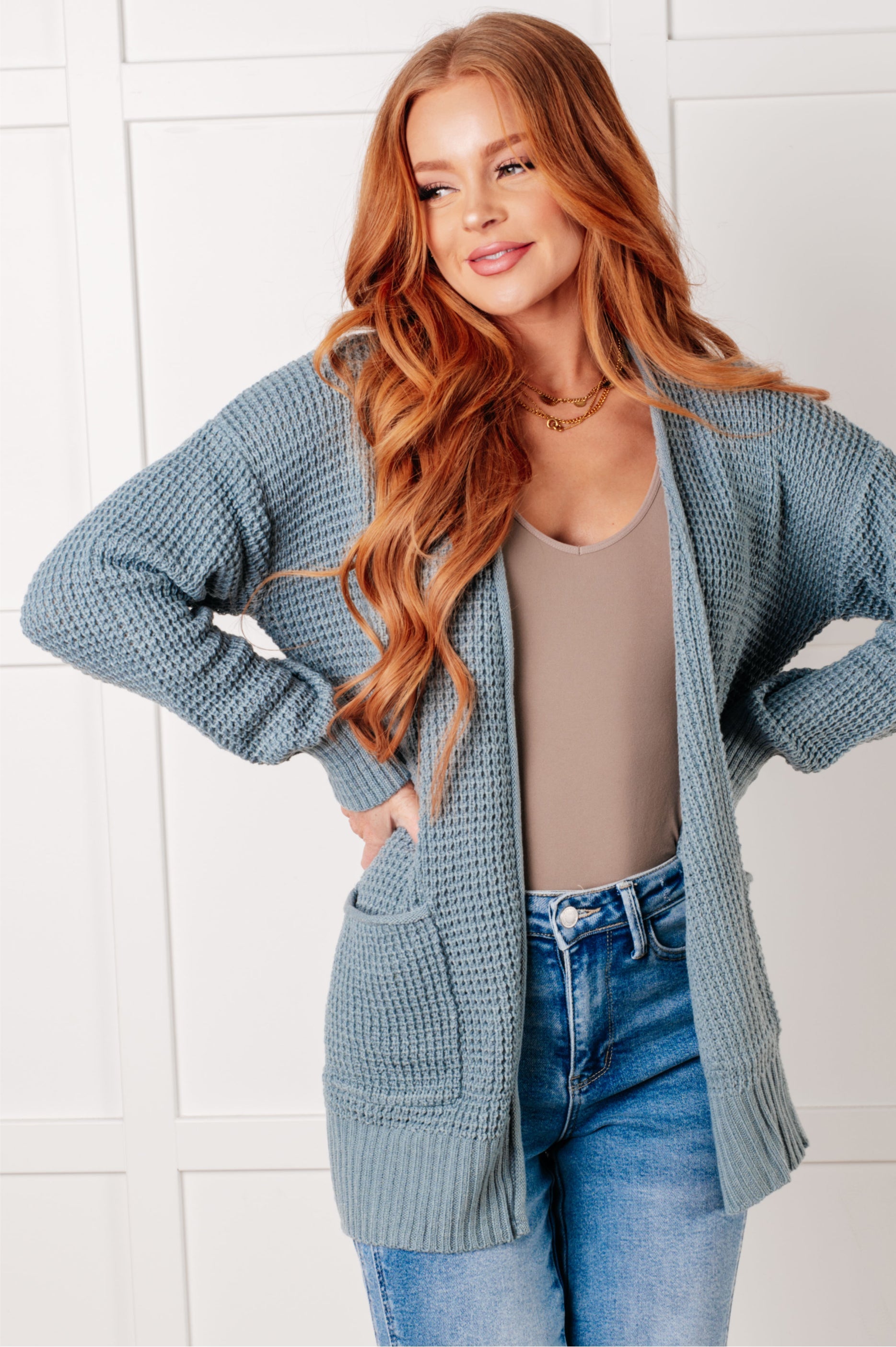 Everything Layer Waffle Knit Open Front Cardigan in Blue Grey-Layers-Stay Foxy Boutique, Florissant, Missouri