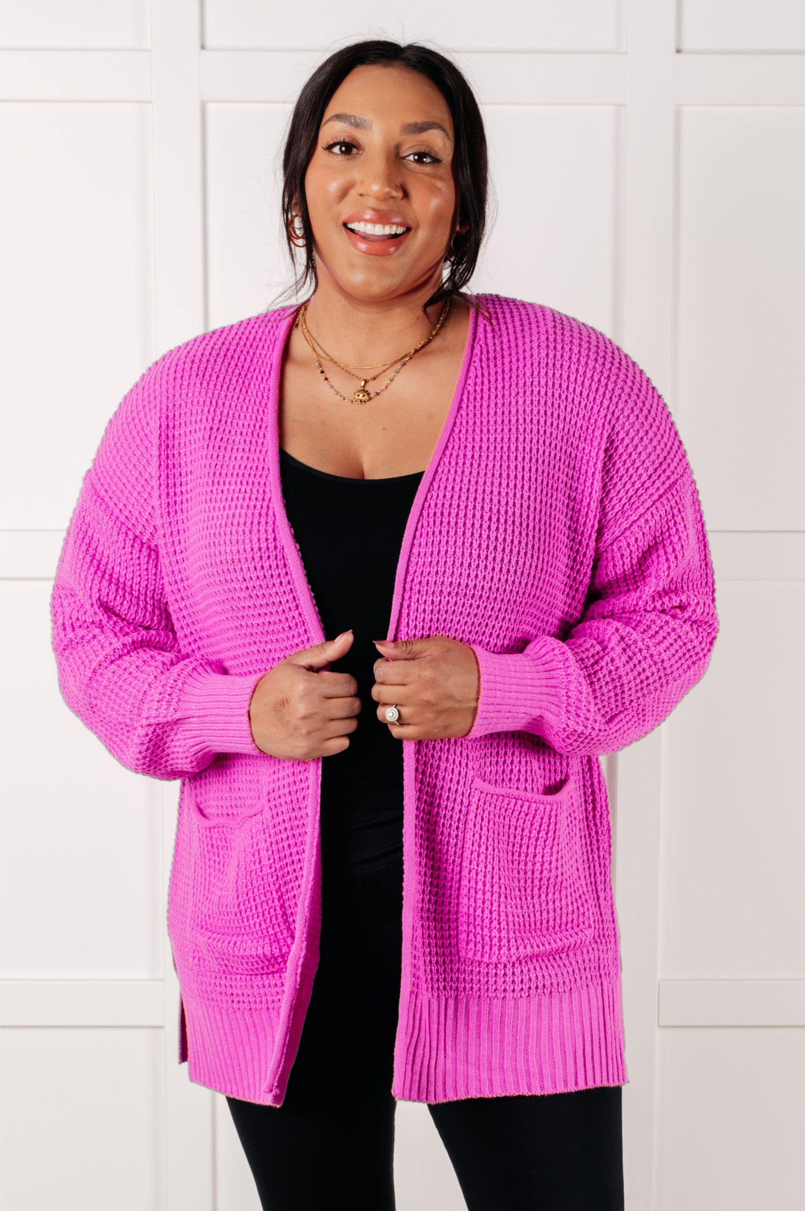 Everything Layer Waffle Knit Open Front Cardigan in Bright Mauve-Layers-Stay Foxy Boutique, Florissant, Missouri