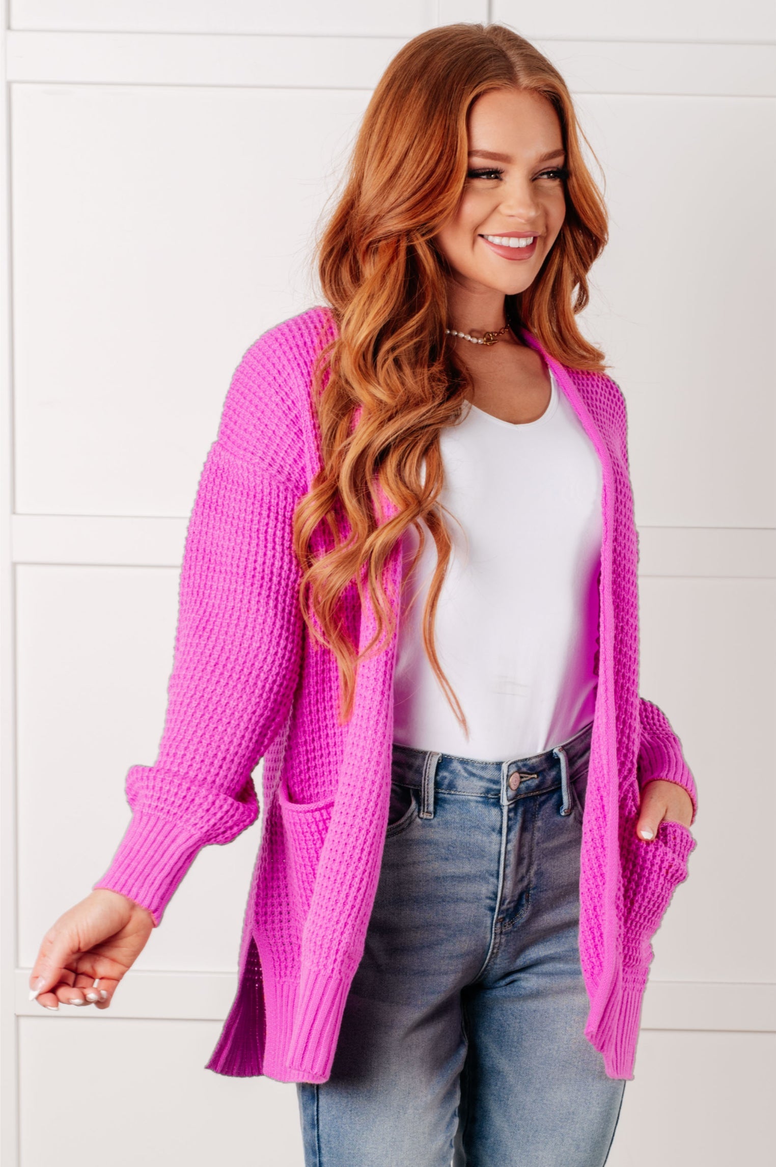 Everything Layer Waffle Knit Open Front Cardigan in Bright Mauve-Layers-Stay Foxy Boutique, Florissant, Missouri