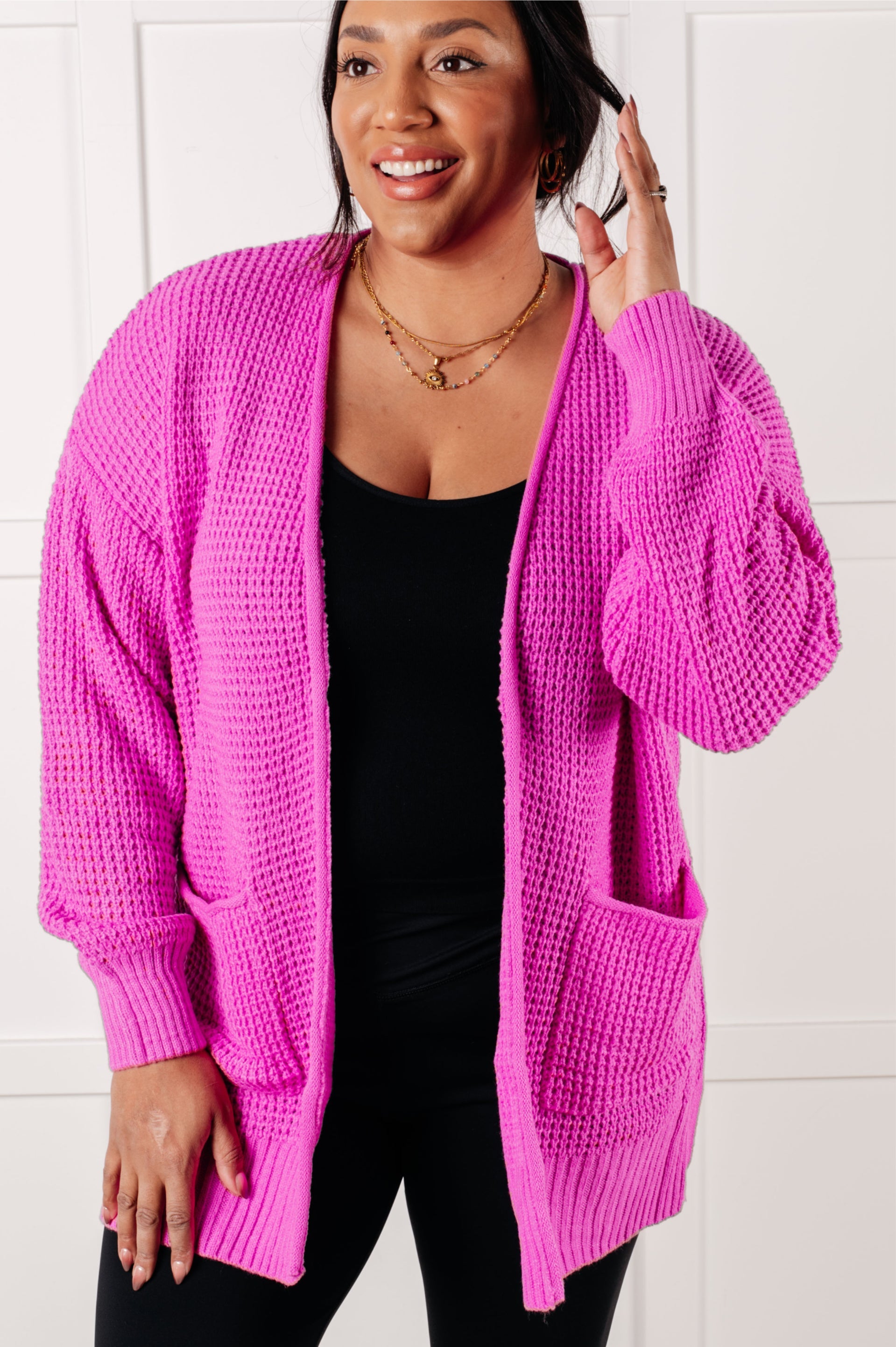 Everything Layer Waffle Knit Open Front Cardigan in Bright Mauve-Layers-Stay Foxy Boutique, Florissant, Missouri