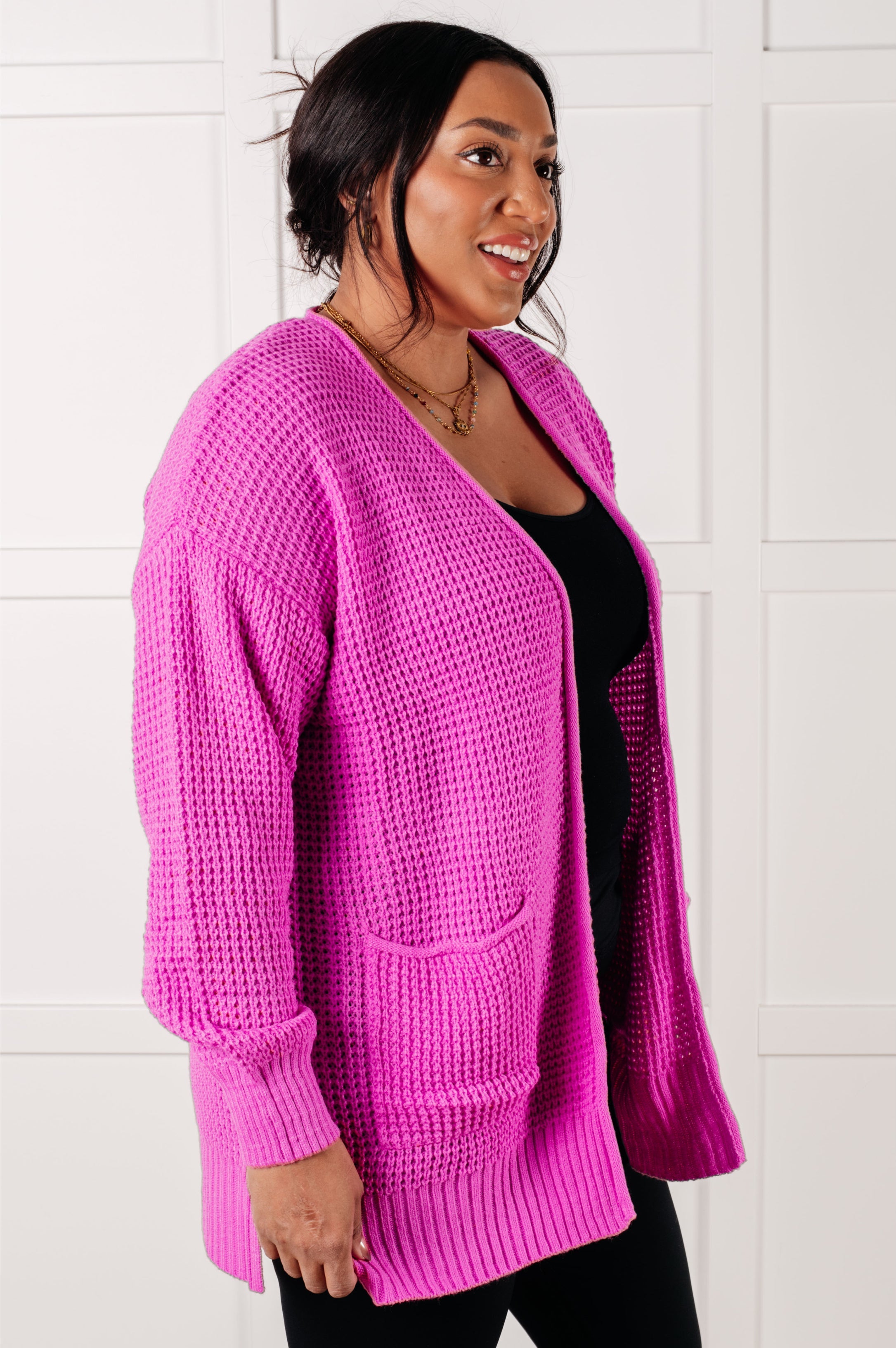 Everything Layer Waffle Knit Open Front Cardigan in Bright Mauve-Layers-Stay Foxy Boutique, Florissant, Missouri