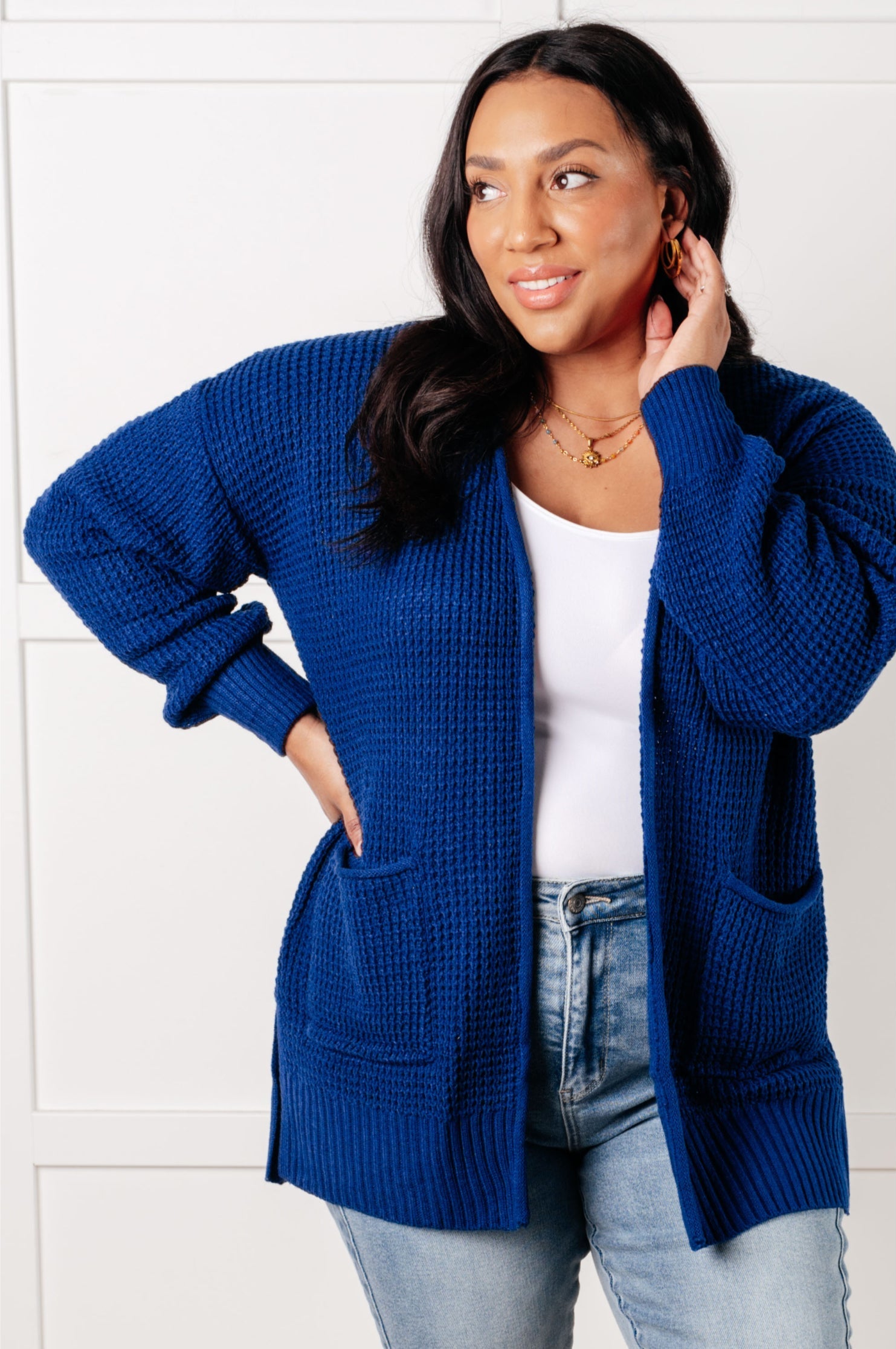 Everything Layer Waffle Knit Open Front Cardigan in Light Navy-Layers-Stay Foxy Boutique, Florissant, Missouri