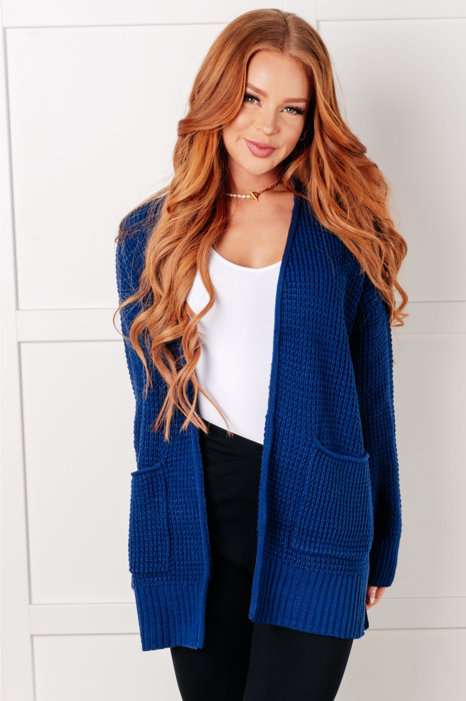 Everything Layer Waffle Knit Open Front Cardigan in Light Navy-Layers-Stay Foxy Boutique, Florissant, Missouri