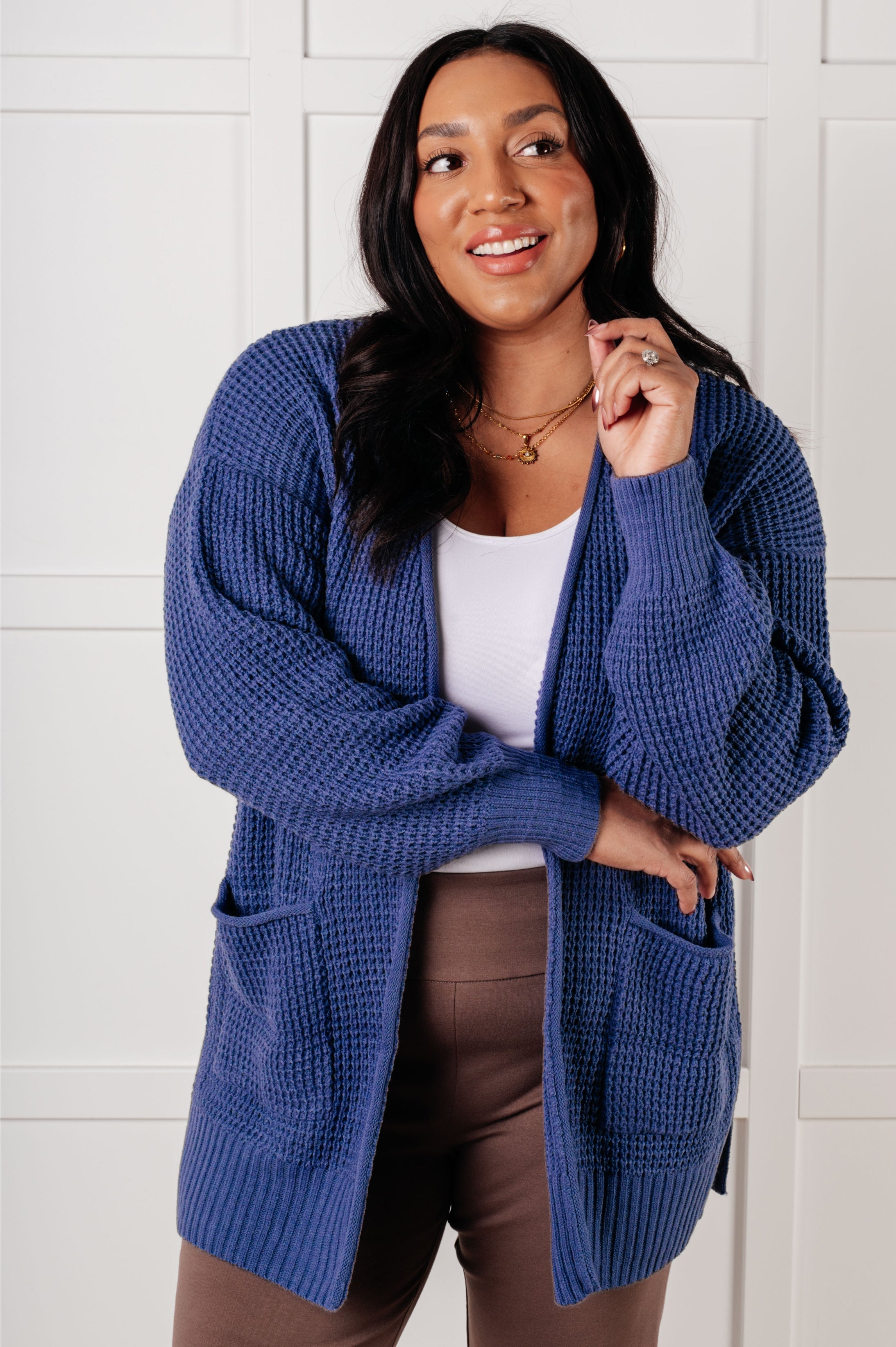 Everything Layer Waffle Knit Open Front Cardigan in Marlin-Layers-Stay Foxy Boutique, Florissant, Missouri