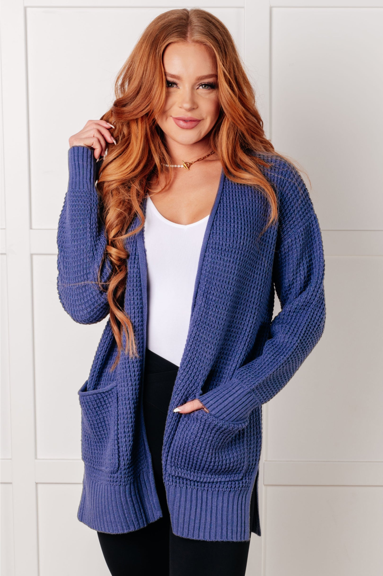 Everything Layer Waffle Knit Open Front Cardigan in Marlin-Layers-Stay Foxy Boutique, Florissant, Missouri