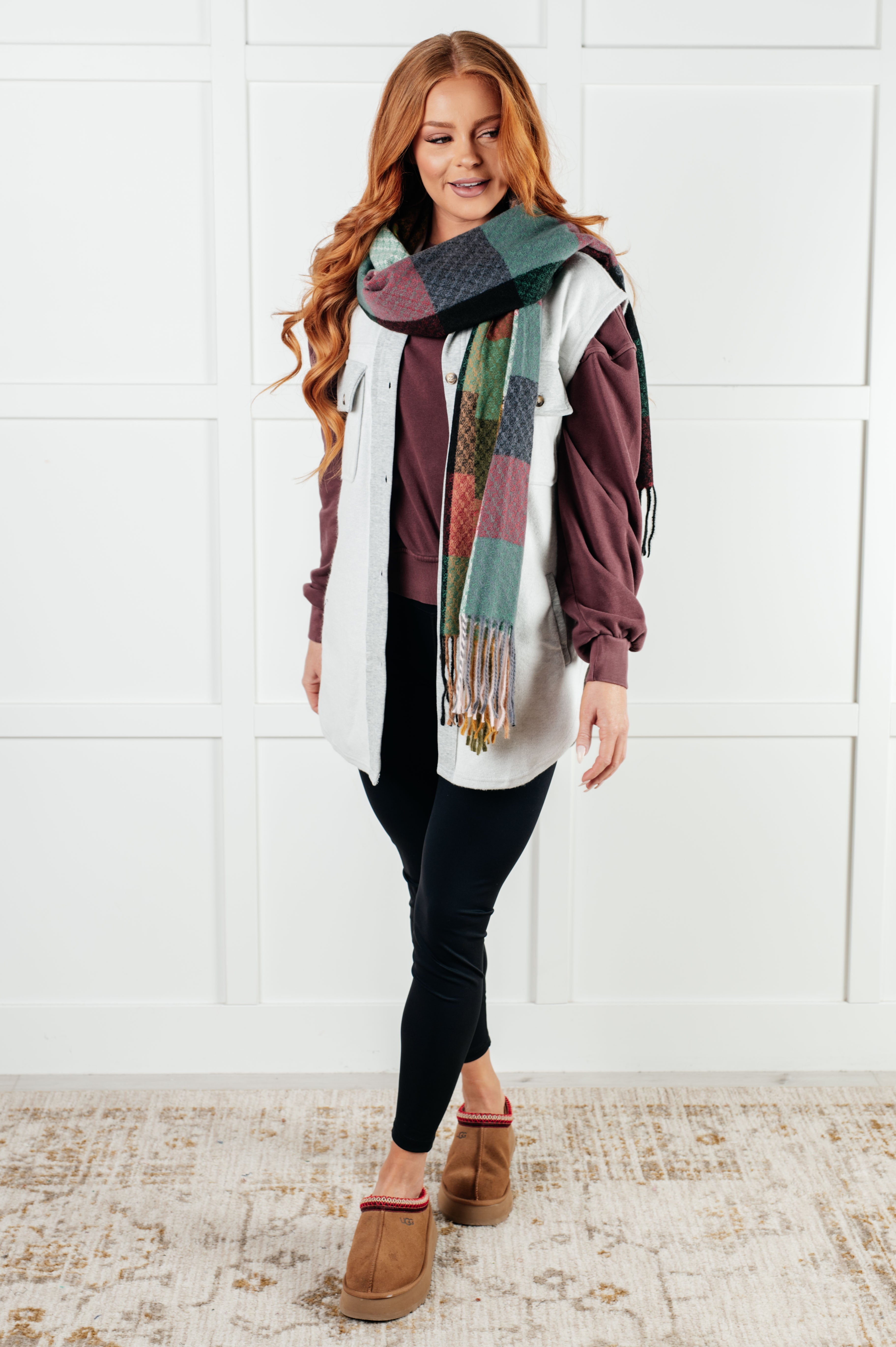 Keep Me Cozy Checkered Fringe Scarf in Berry-Accessories-Stay Foxy Boutique, Florissant, Missouri