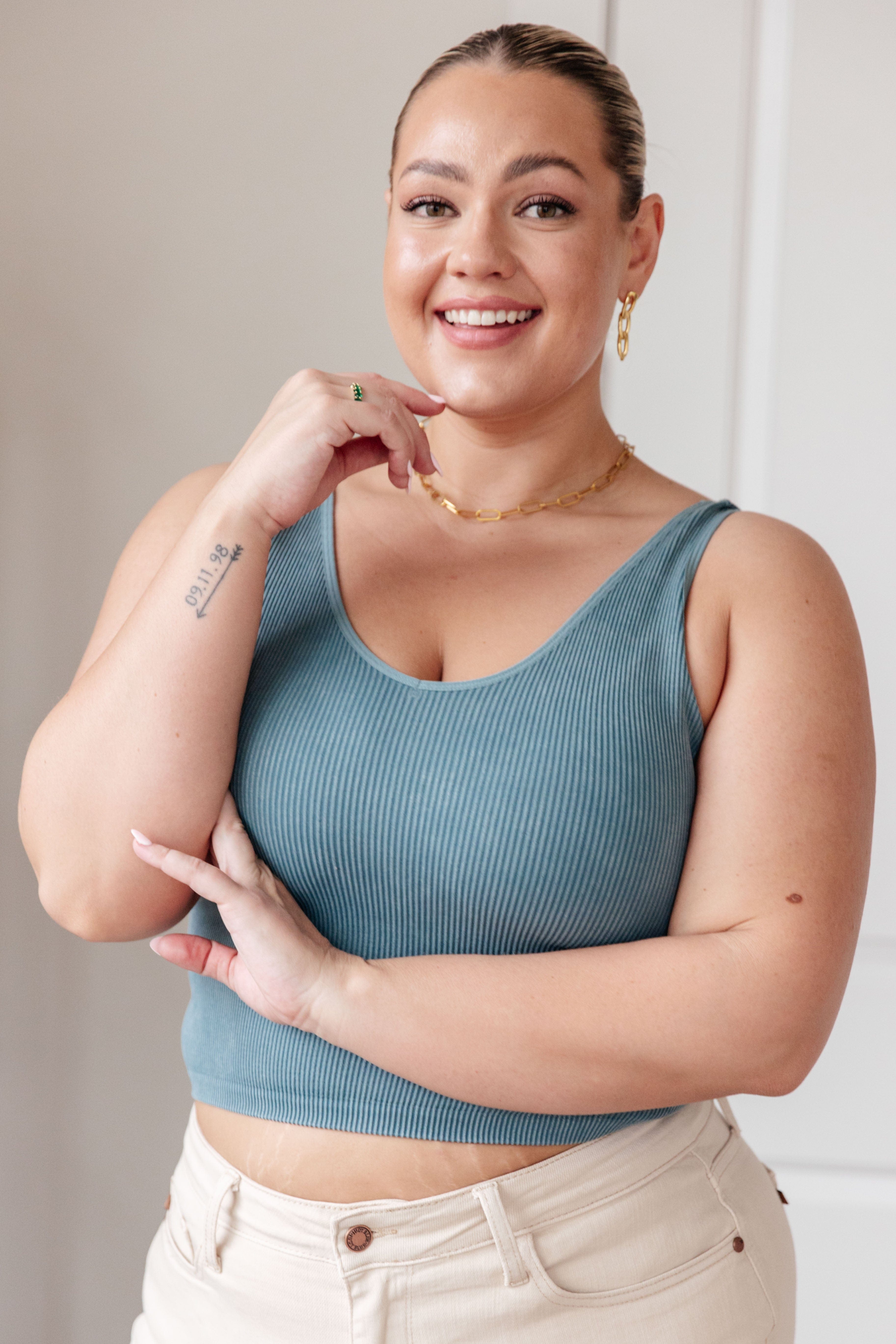 Fundamentals Ribbed Seamless Reversible Tank in Vintage Blue-Womens-Stay Foxy Boutique, Florissant, Missouri