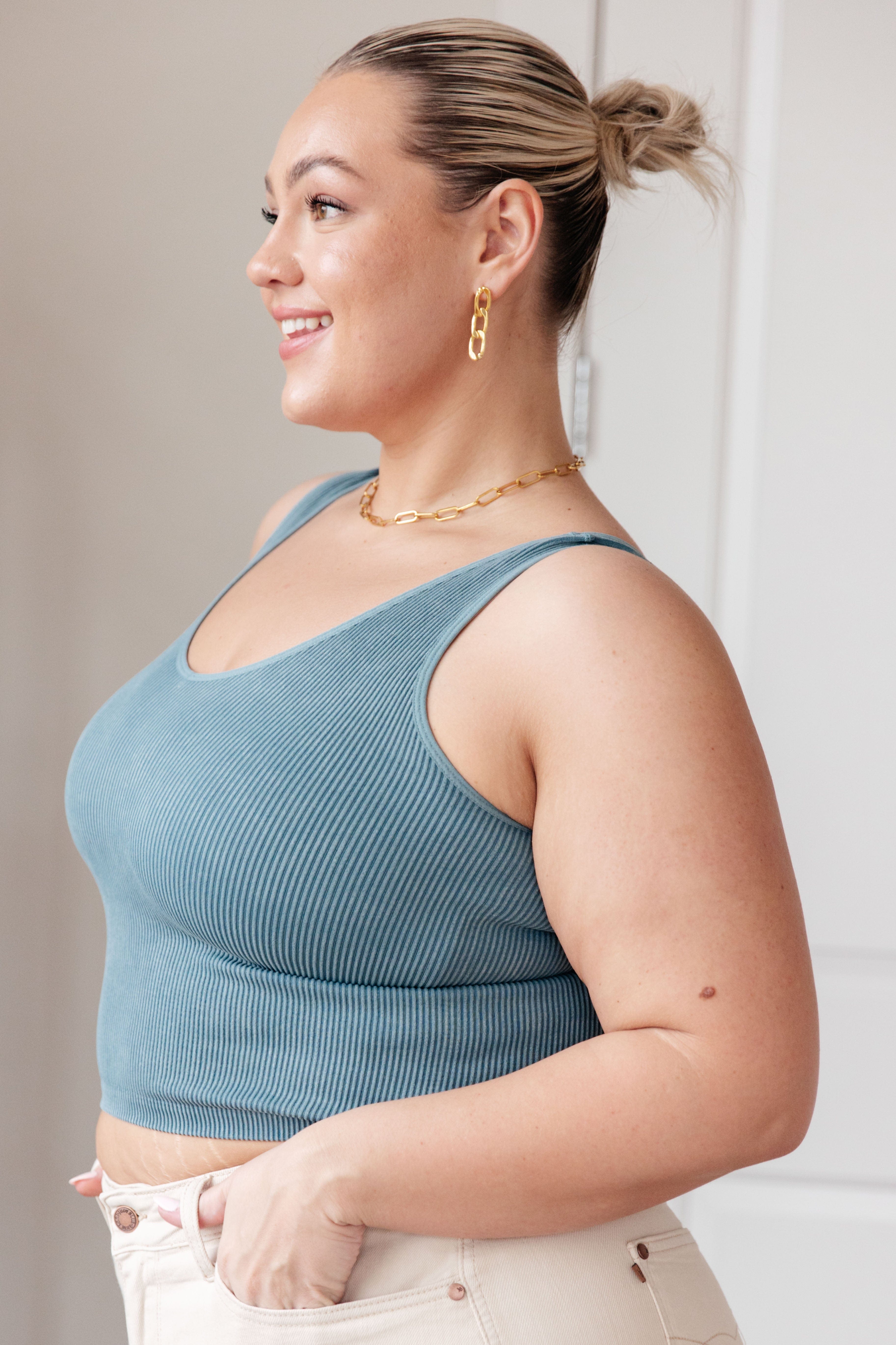 Fundamentals Ribbed Seamless Reversible Tank in Vintage Blue-Womens-Stay Foxy Boutique, Florissant, Missouri