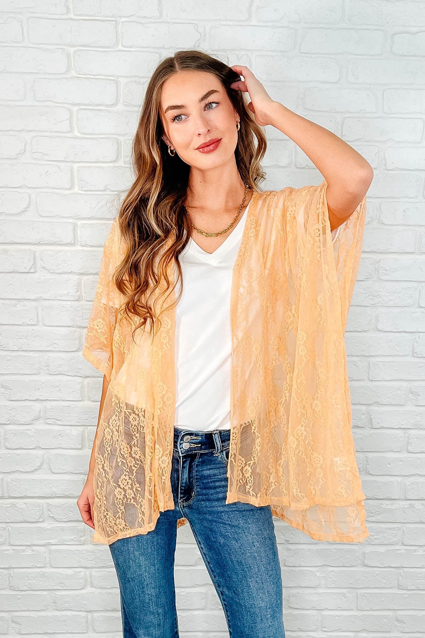 Good Days Ahead Lace Kimono In Peach-Layers-Stay Foxy Boutique, Florissant, Missouri