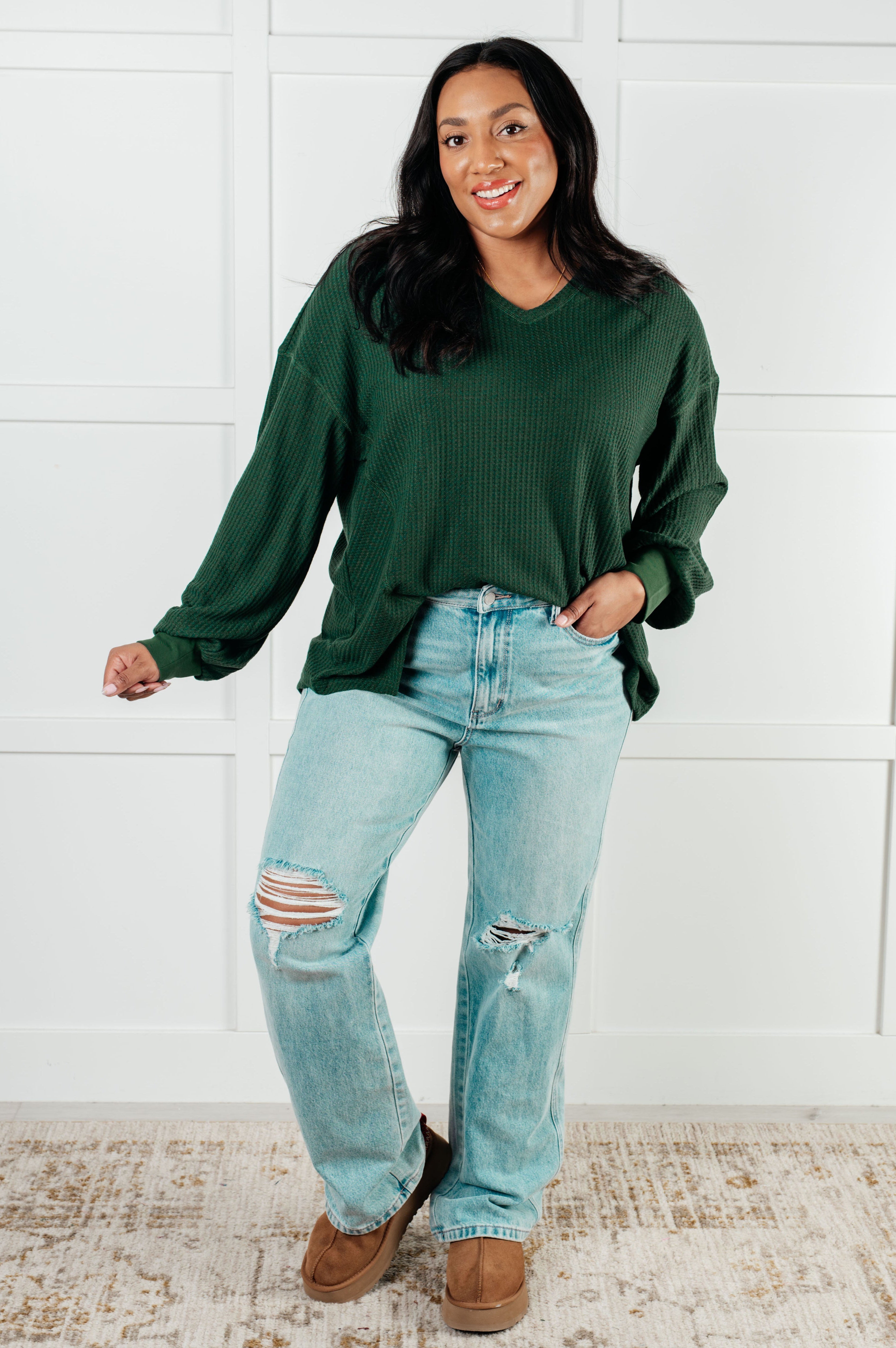 Good Things Are Coming V-Neck Top in Green-Tops-Stay Foxy Boutique, Florissant, Missouri