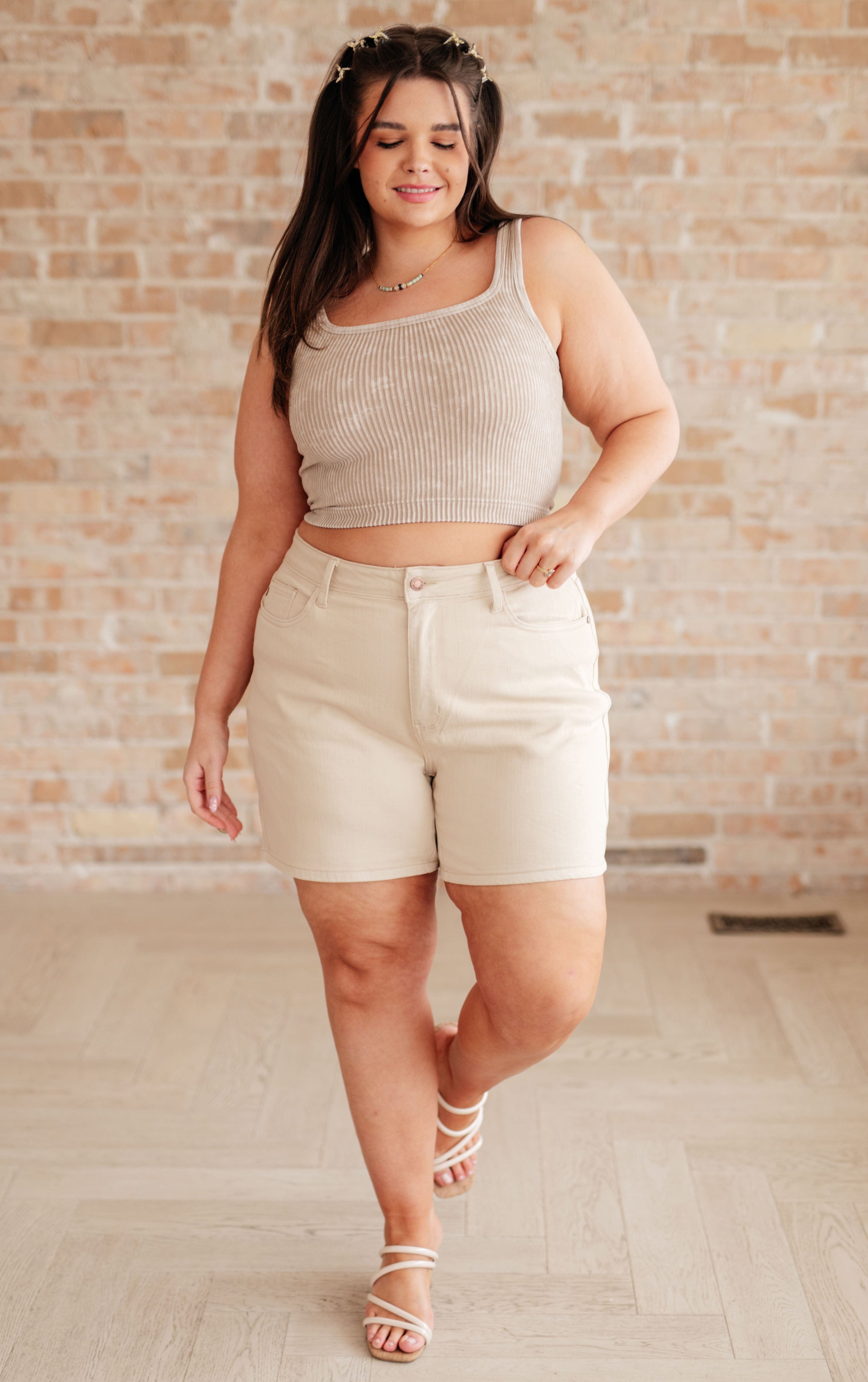 Greta High Rise Garment Dyed Shorts in Bone-Denim-Stay Foxy Boutique, Florissant, Missouri