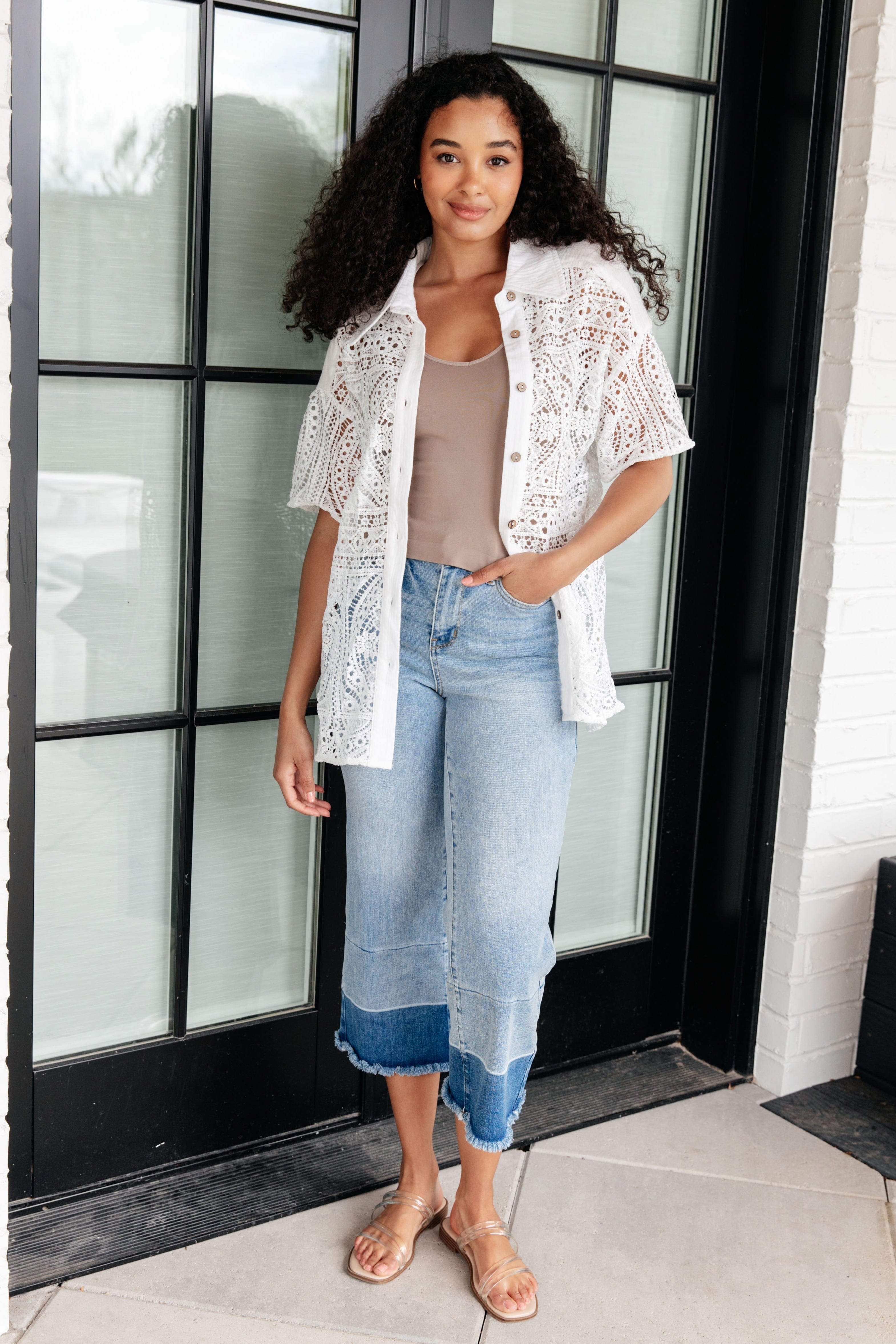 Head in the Clouds Lace Button Down-Tops-Stay Foxy Boutique, Florissant, Missouri