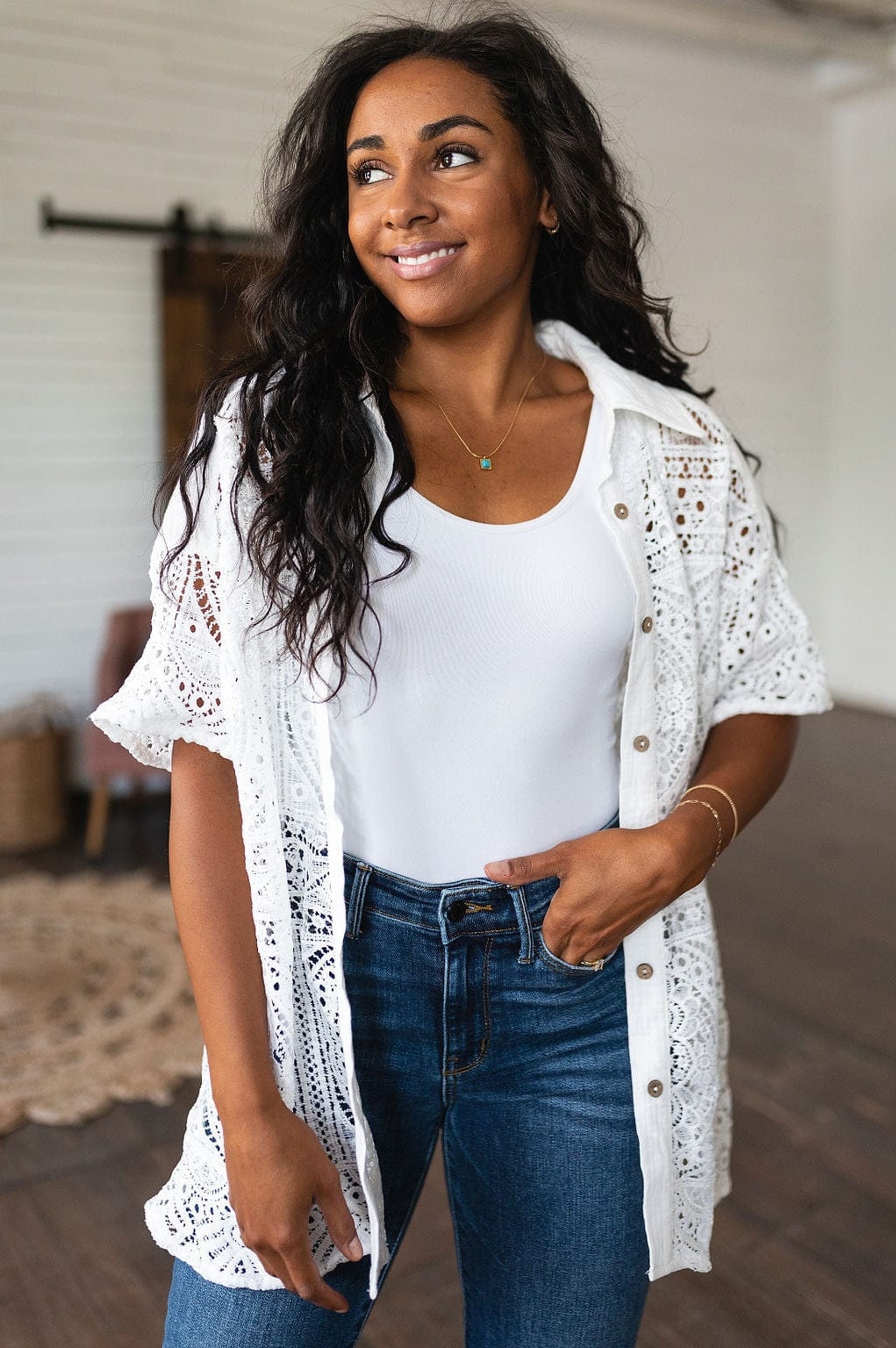 Head in the Clouds Lace Button Down-Tops-Stay Foxy Boutique, Florissant, Missouri
