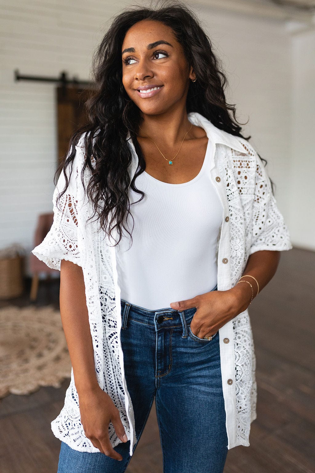Head in the Clouds Lace Button Down-Tops-Stay Foxy Boutique, Florissant, Missouri