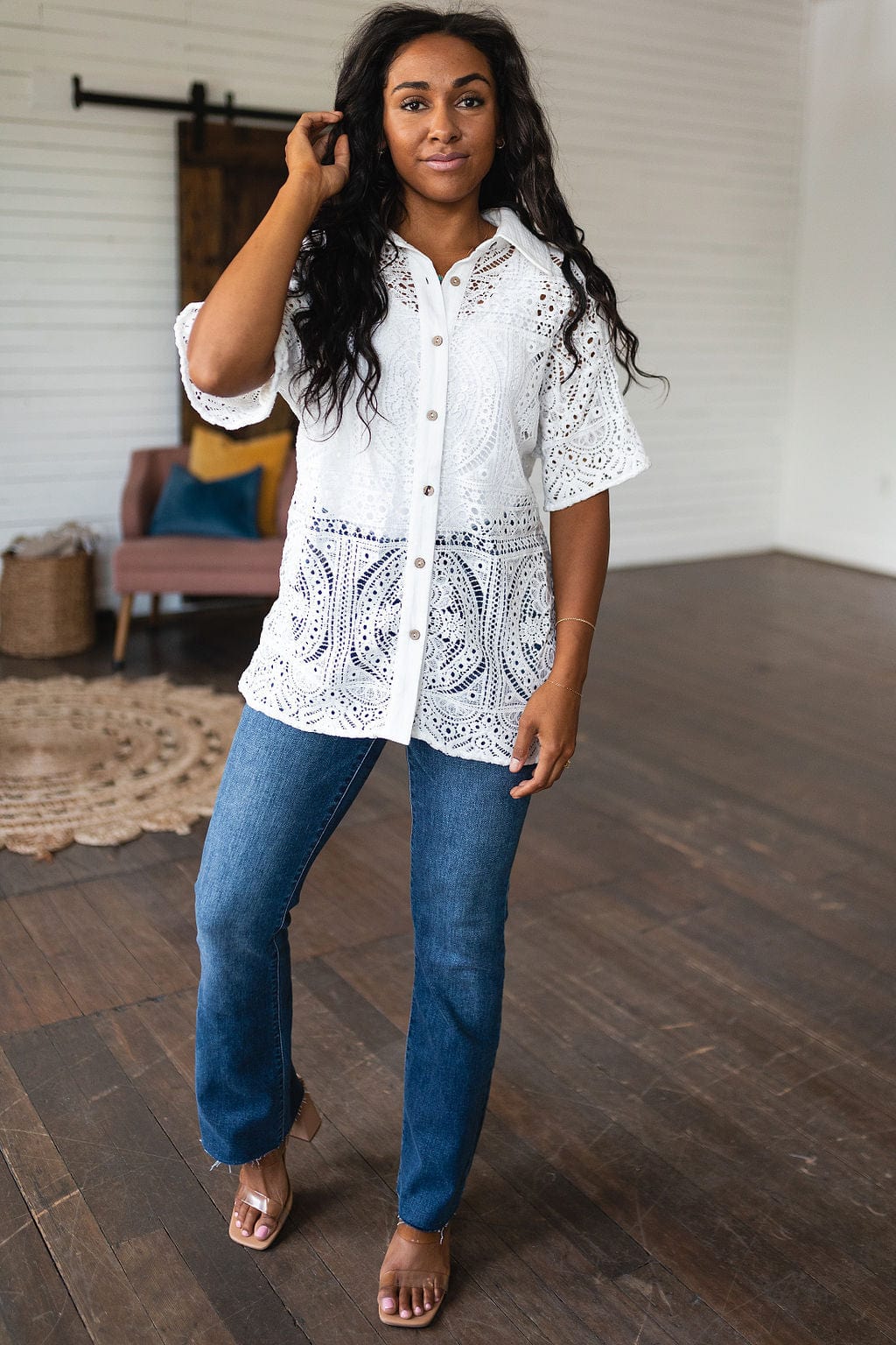 Head in the Clouds Lace Button Down-Tops-Stay Foxy Boutique, Florissant, Missouri