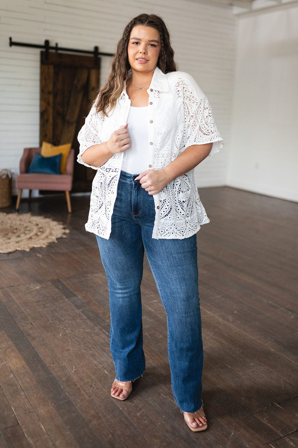 Head in the Clouds Lace Button Down-Tops-Stay Foxy Boutique, Florissant, Missouri