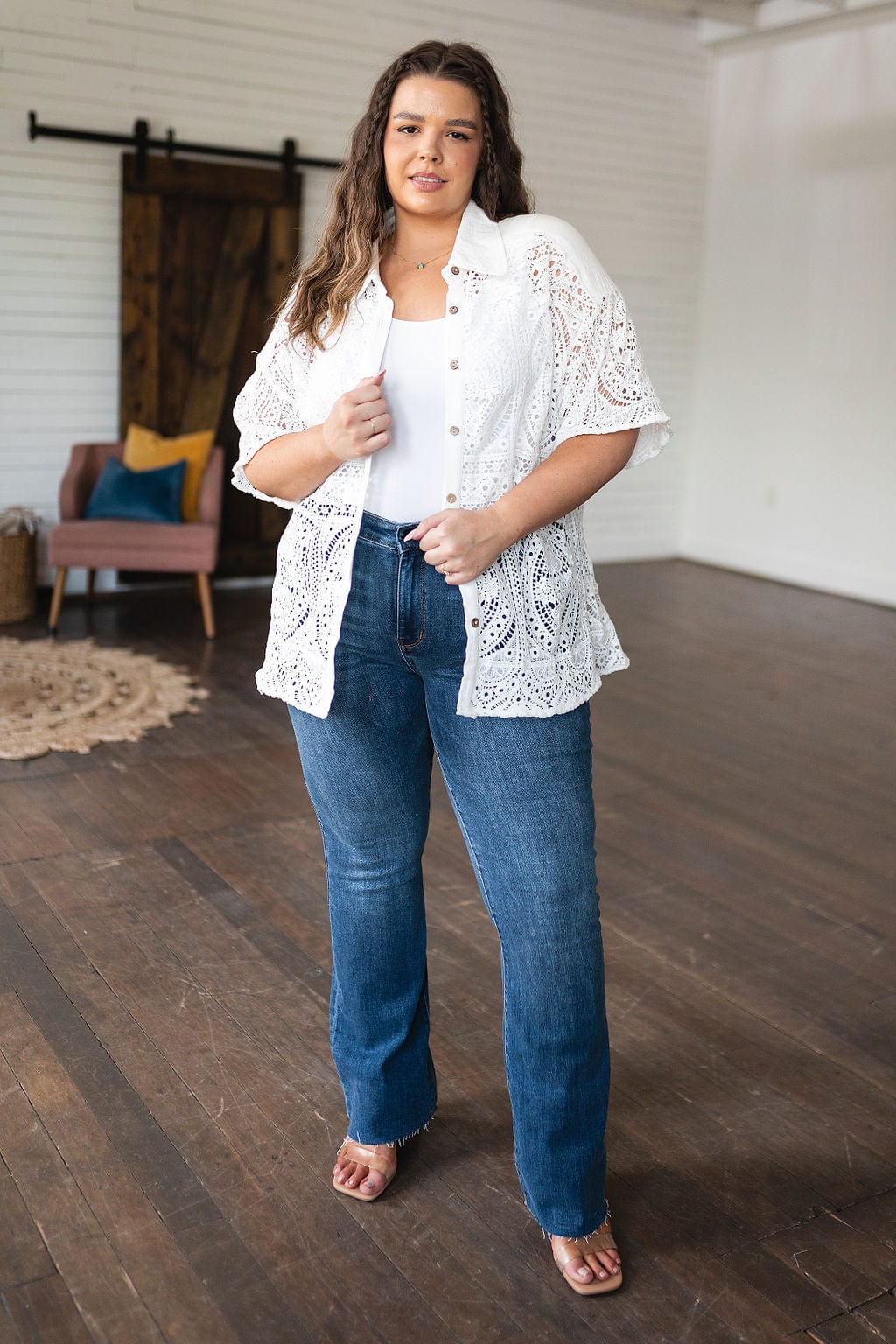 Head in the Clouds Lace Button Down-Tops-Stay Foxy Boutique, Florissant, Missouri