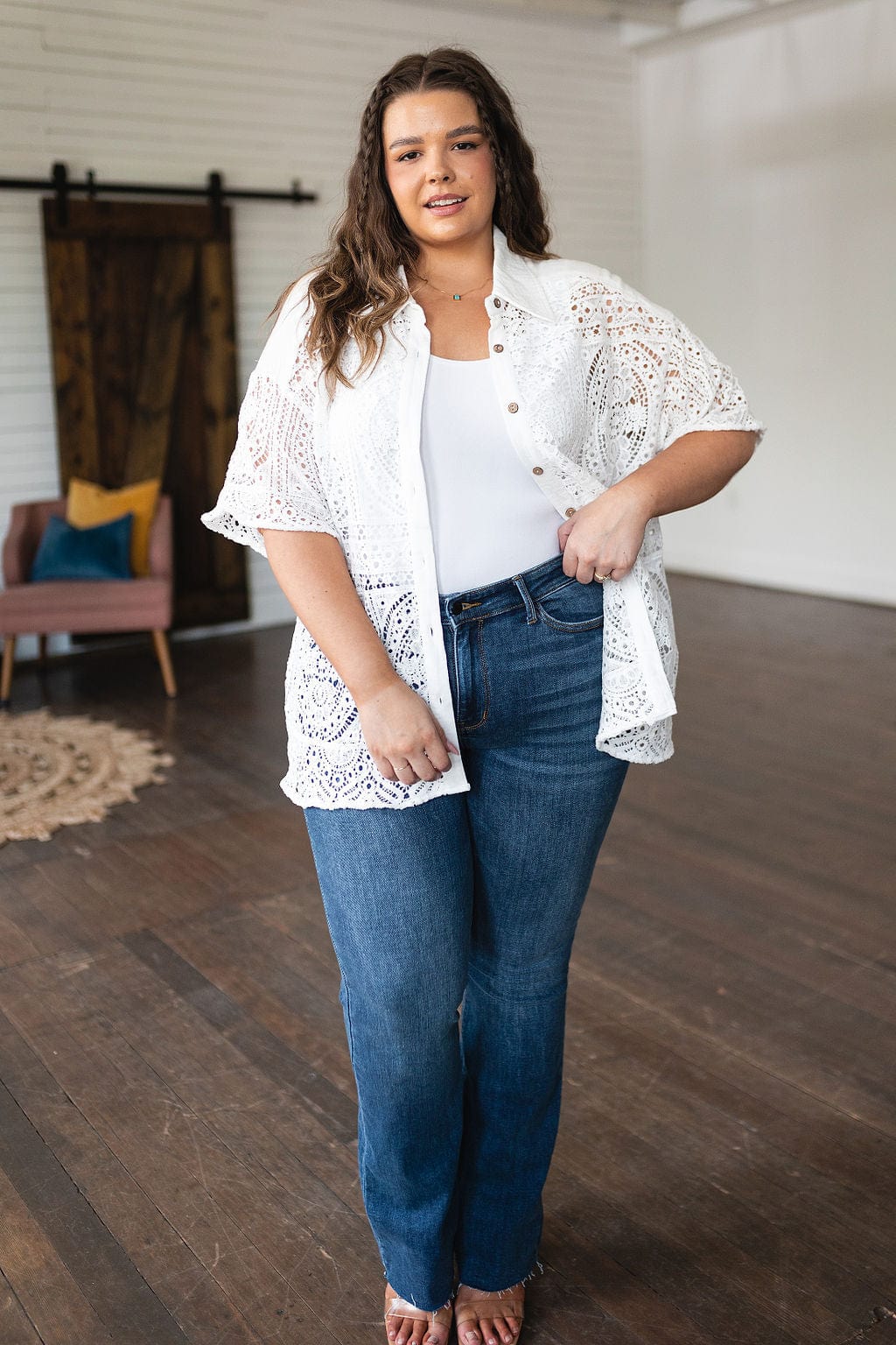 Head in the Clouds Lace Button Down-Tops-Stay Foxy Boutique, Florissant, Missouri