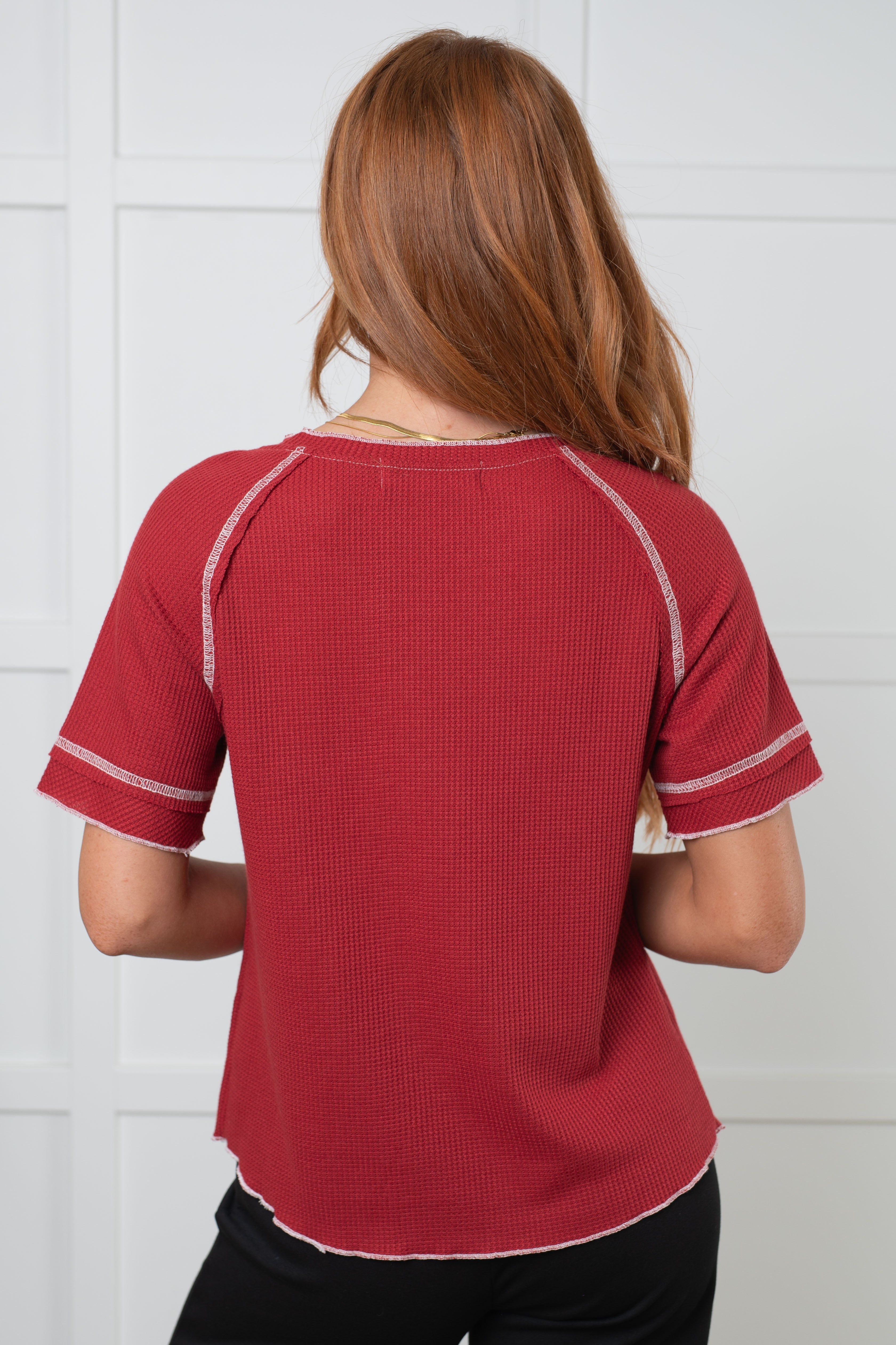 Heartbreaker Waffle Knit Tee in Cranberry-Tops-Stay Foxy Boutique, Florissant, Missouri