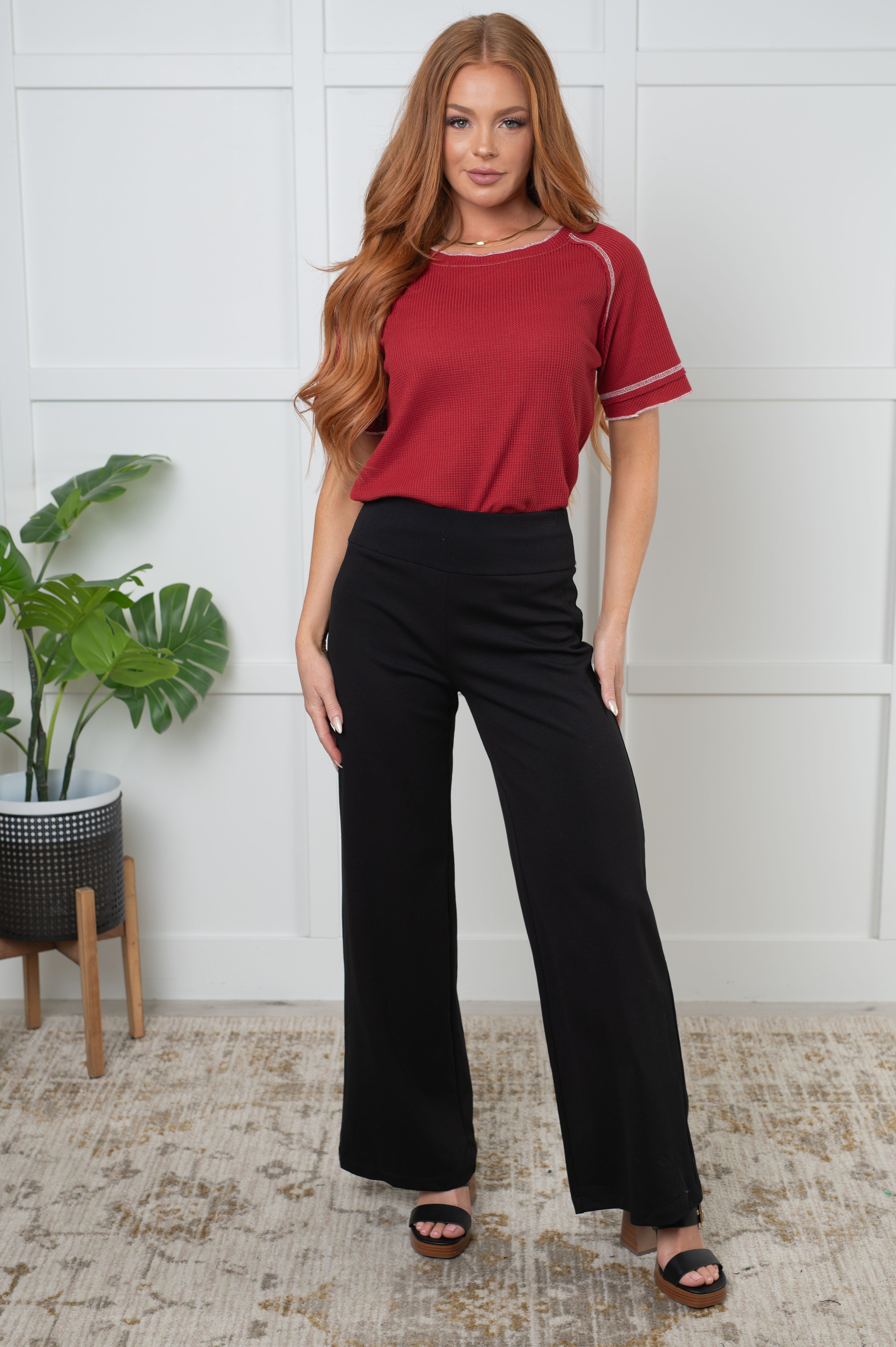 Heartbreaker Waffle Knit Tee in Cranberry-Tops-Stay Foxy Boutique, Florissant, Missouri