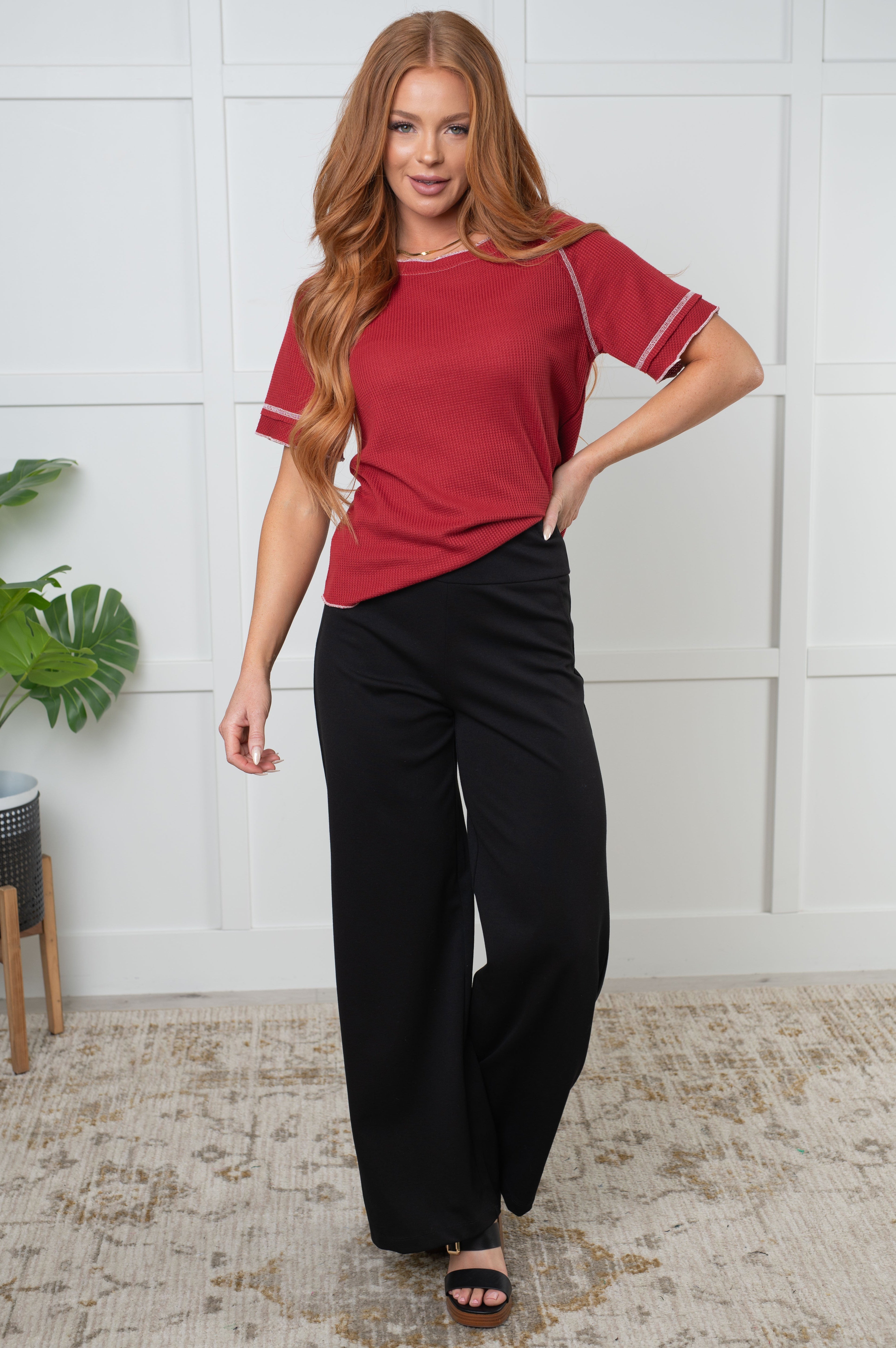 Heartbreaker Waffle Knit Tee in Cranberry-Tops-Stay Foxy Boutique, Florissant, Missouri