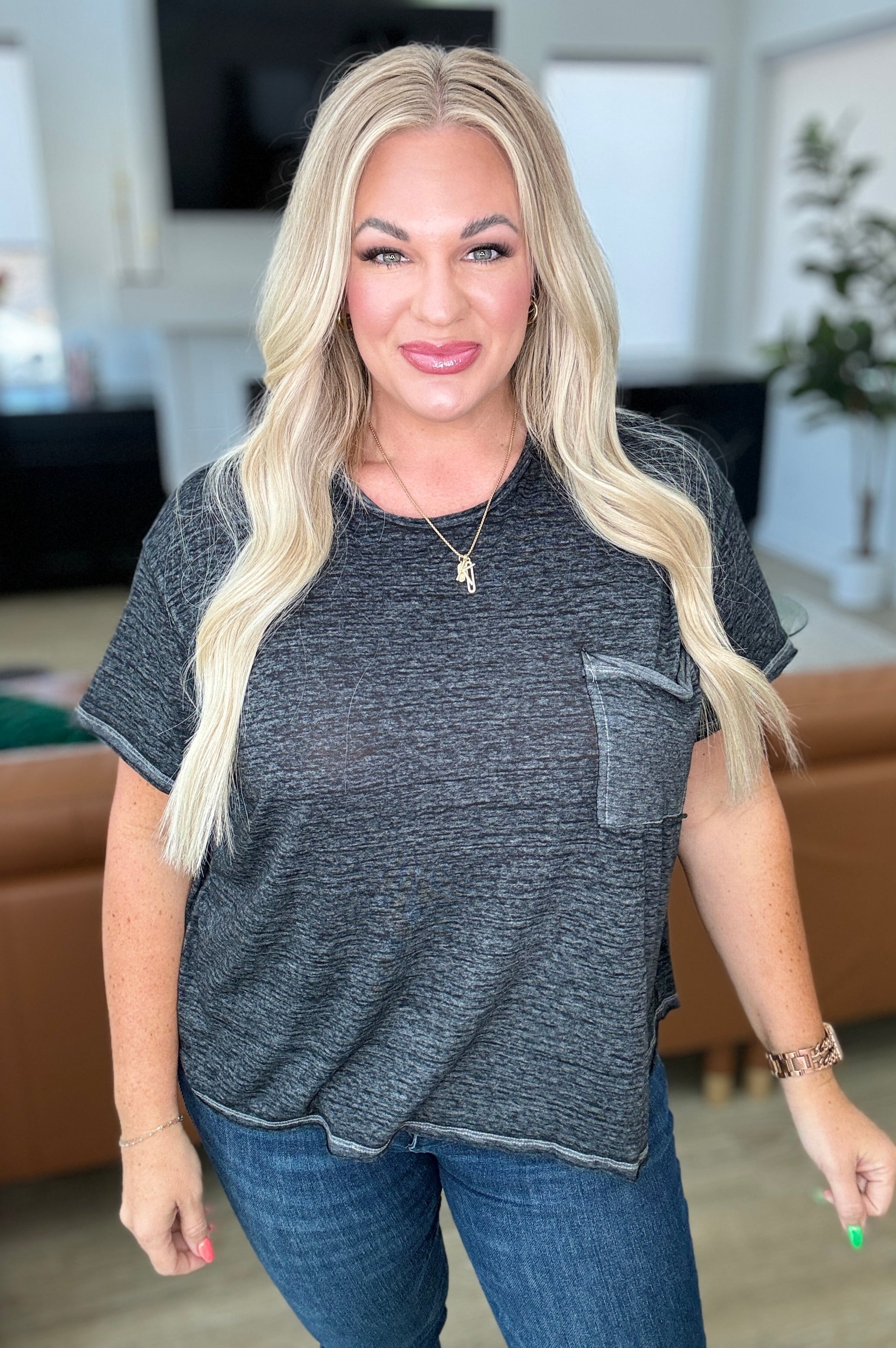 Close to Myself Patch Pocket Tee in Ash Black-Tops-Stay Foxy Boutique, Florissant, Missouri