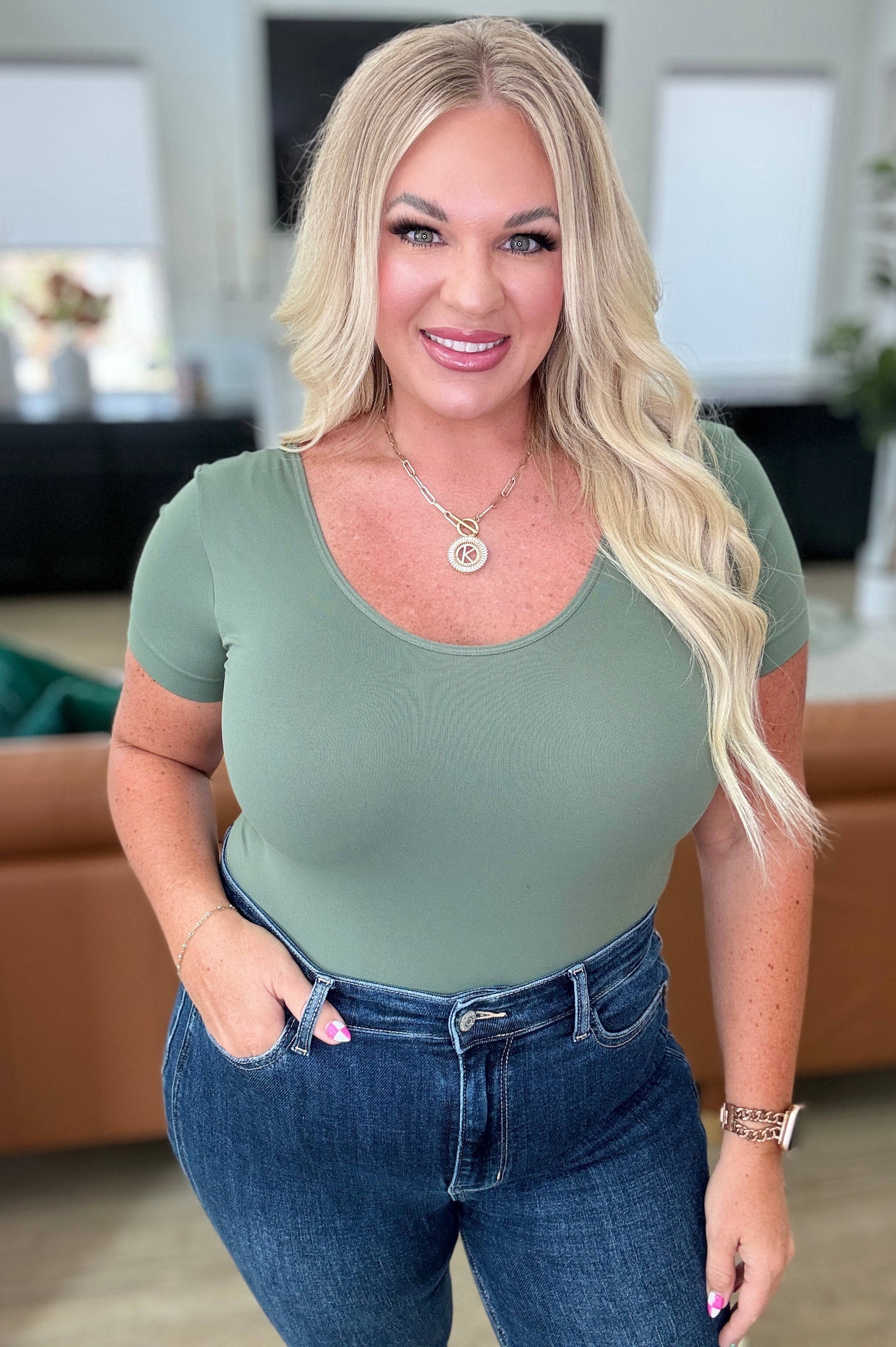 Everyday Scoop Neck Short Sleeve Bodysuit in Smokey Olive-Bodysuits-Stay Foxy Boutique, Florissant, Missouri