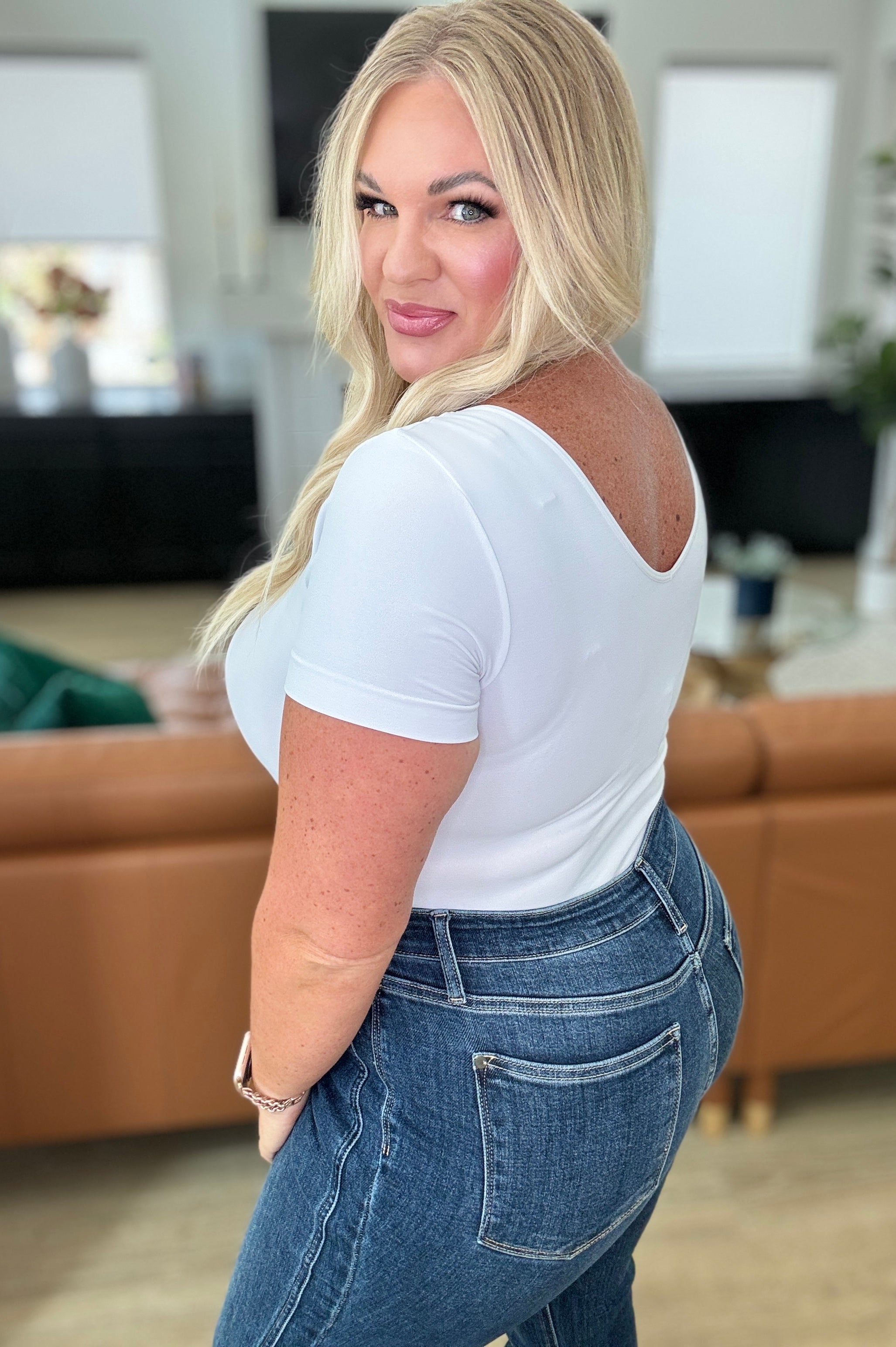 Everyday Scoop Neck Short Sleeve Bodysuit in White-Bodysuits-Stay Foxy Boutique, Florissant, Missouri