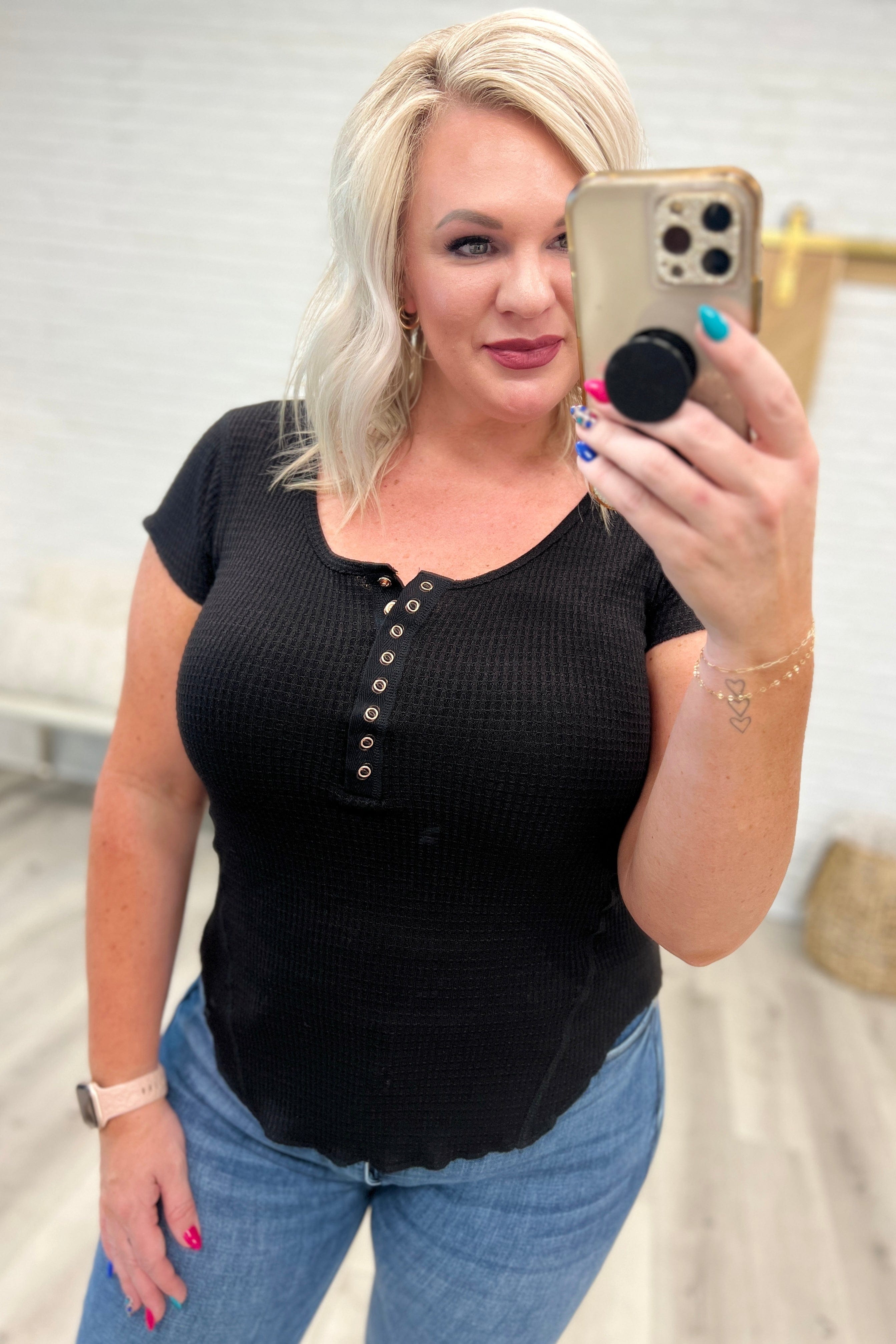 Baby Waffle Cap Sleeve Henley in Black-Tops-Stay Foxy Boutique, Florissant, Missouri