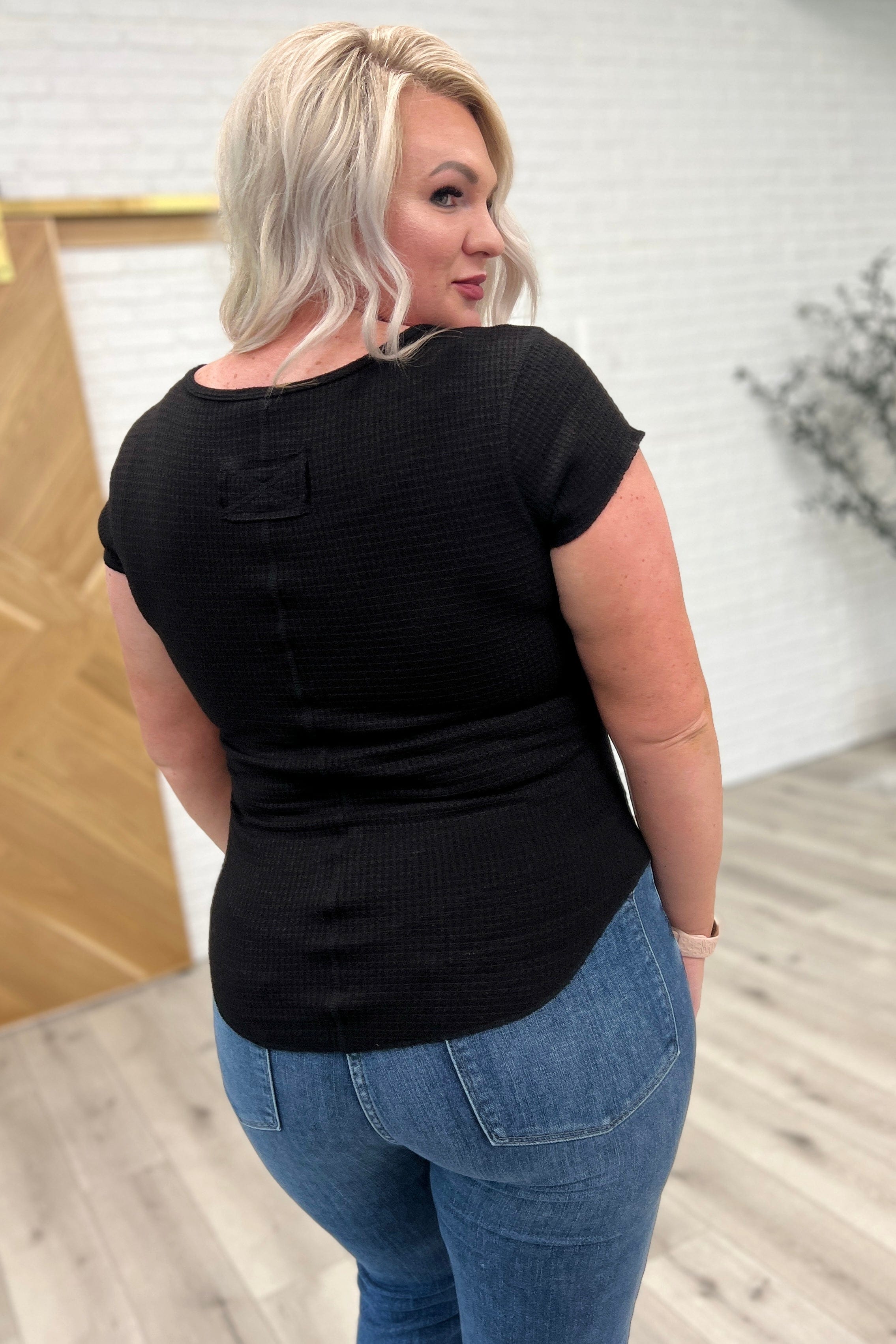 Baby Waffle Cap Sleeve Henley in Black-Tops-Stay Foxy Boutique, Florissant, Missouri