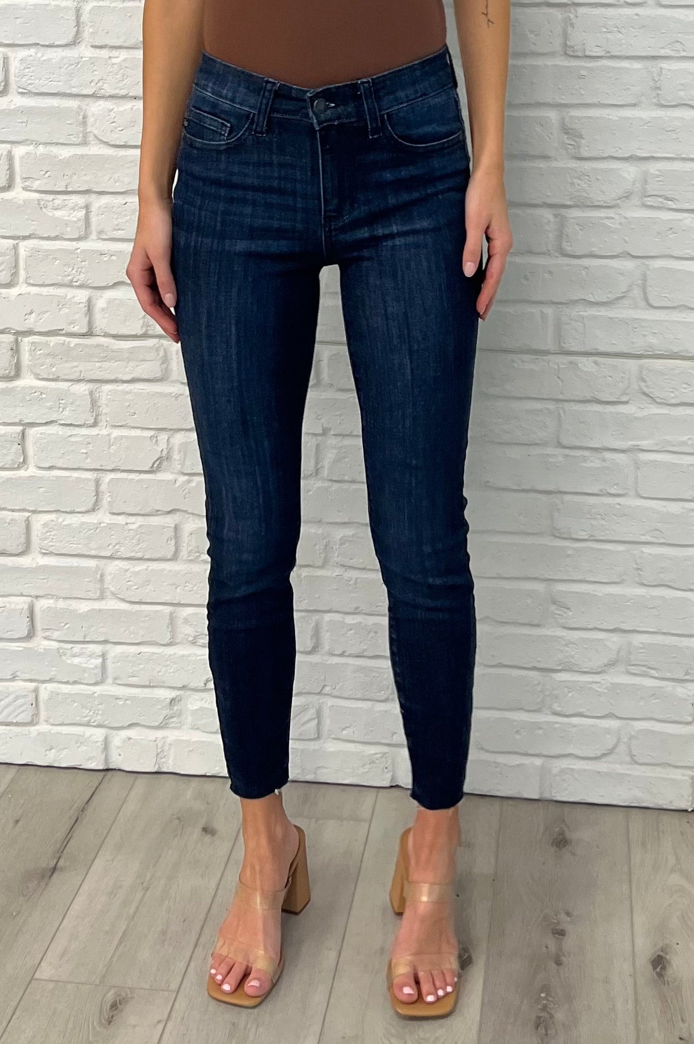 Fallon Mid Rise Adjustable Waist Raw Hem Skinny Jeans-Womens-Stay Foxy Boutique, Florissant, Missouri