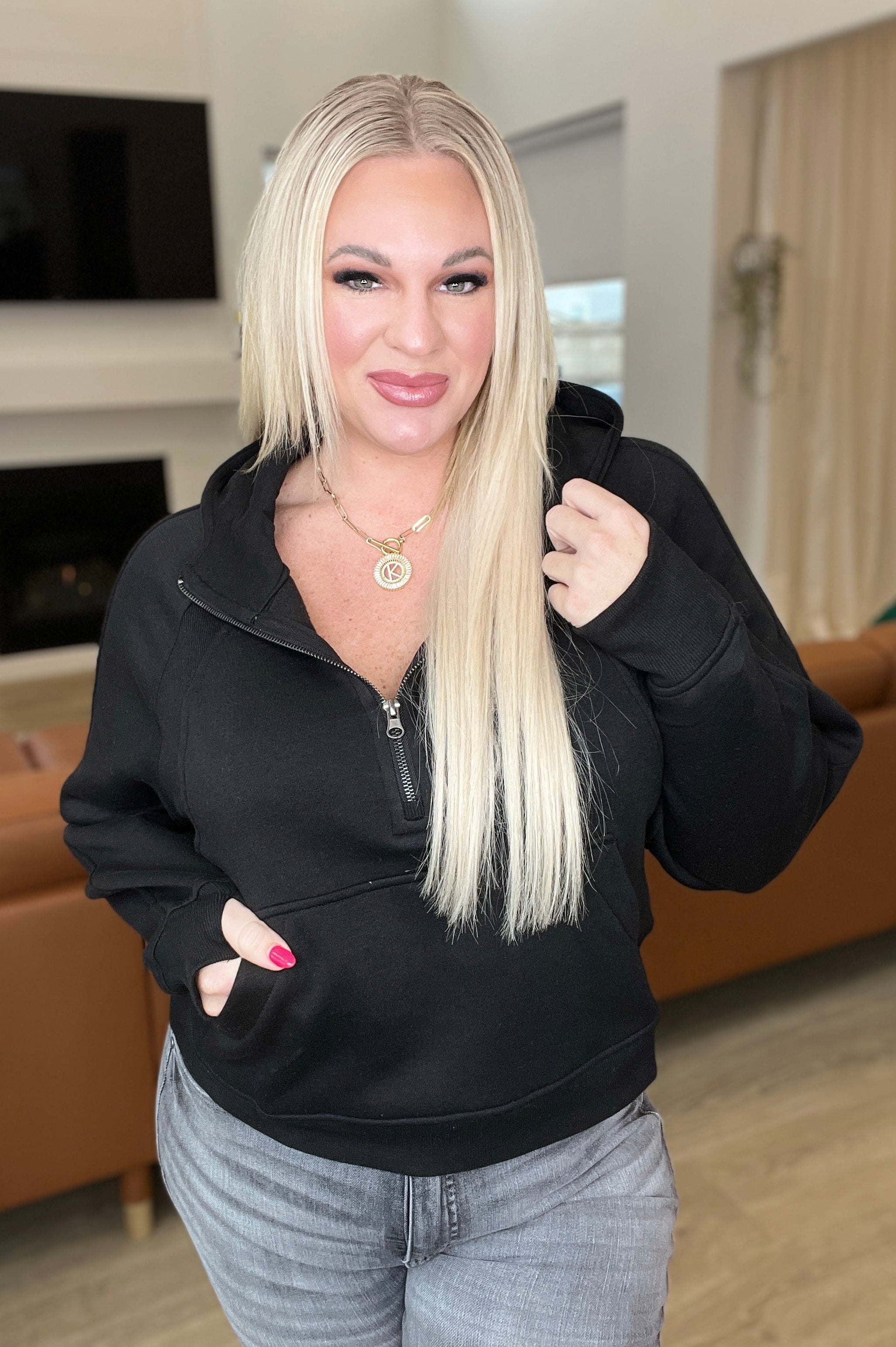 Half Zip Cropped Hoodie in Black-Tops-Stay Foxy Boutique, Florissant, Missouri