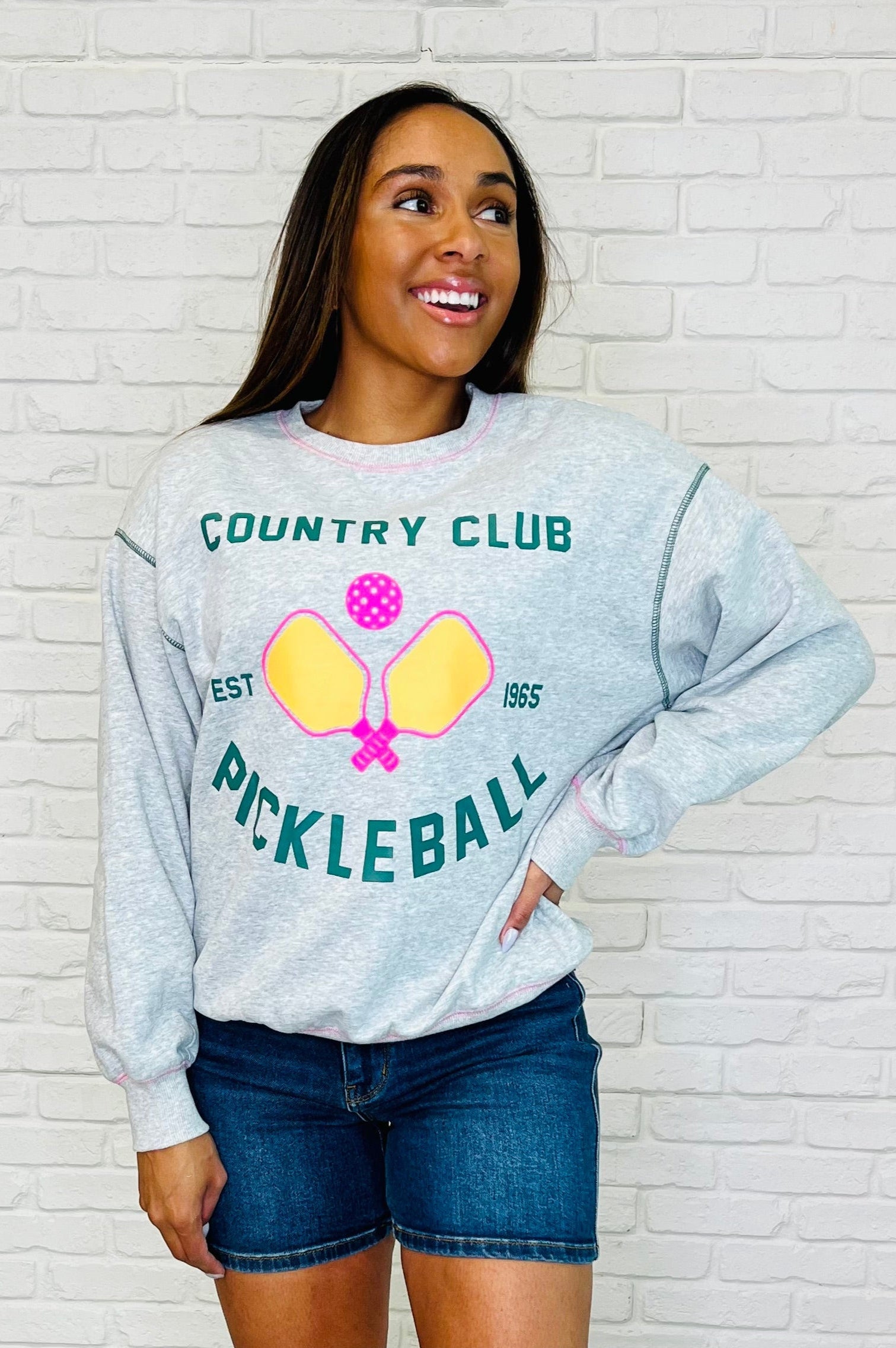 Country Club Pickle Ball Graphic Sweatshirt-Womens-Stay Foxy Boutique, Florissant, Missouri