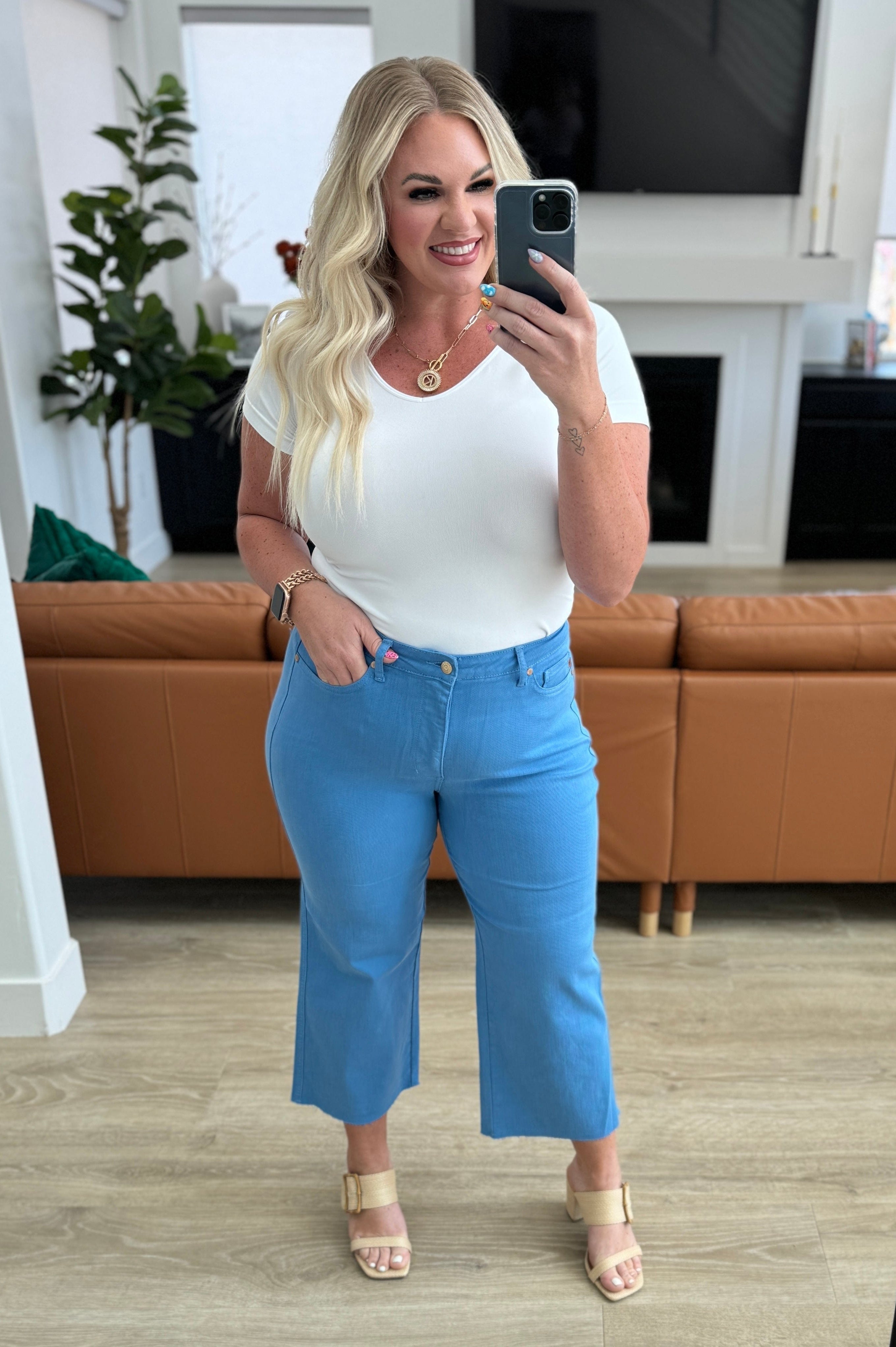 Lisa High Rise Control Top Wide Leg Crop Jeans in Sky Blue-Denim-Stay Foxy Boutique, Florissant, Missouri