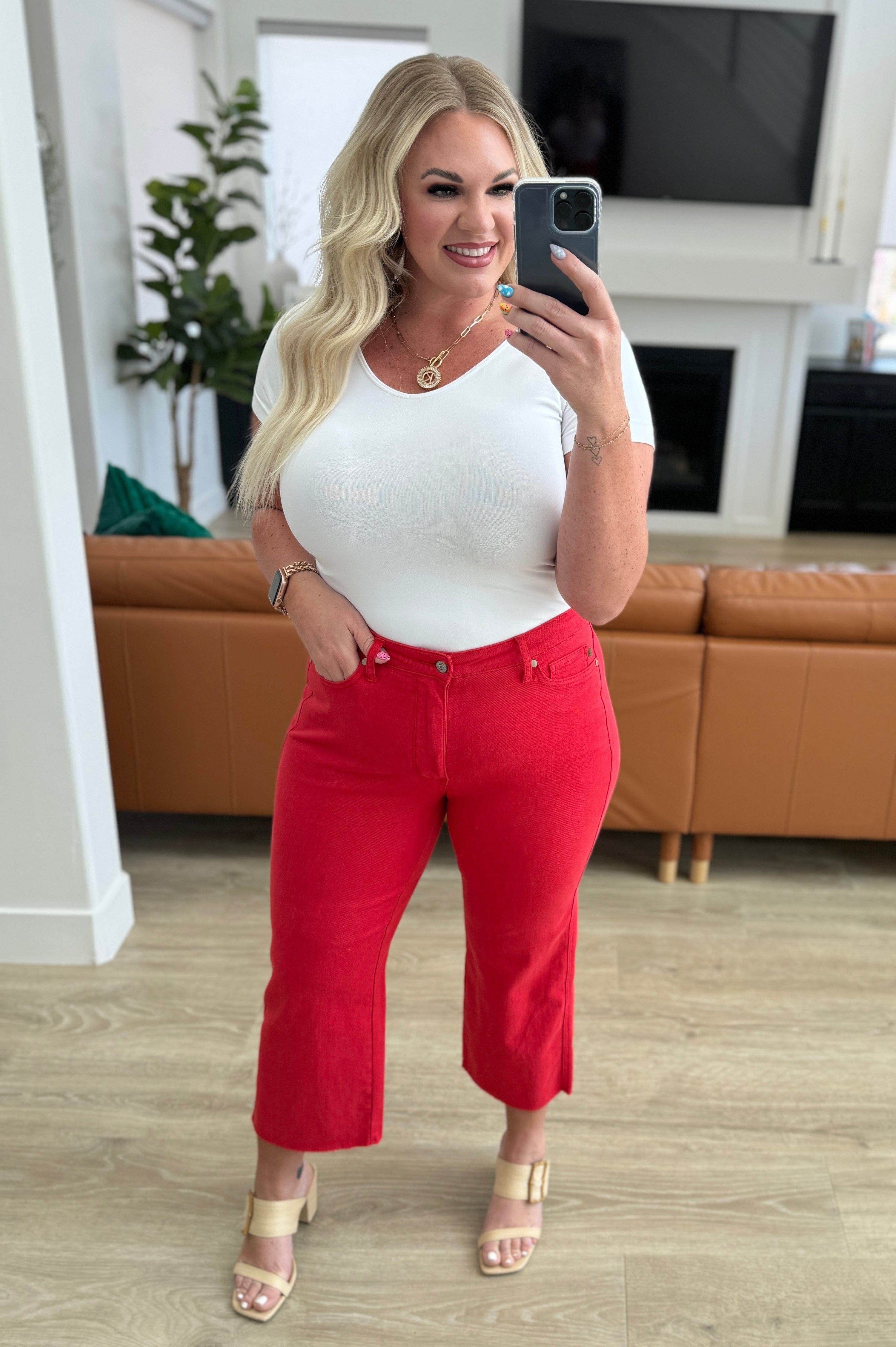 Lisa High Rise Control Top Wide Leg Crop Jeans in Red-Denim-Stay Foxy Boutique, Florissant, Missouri