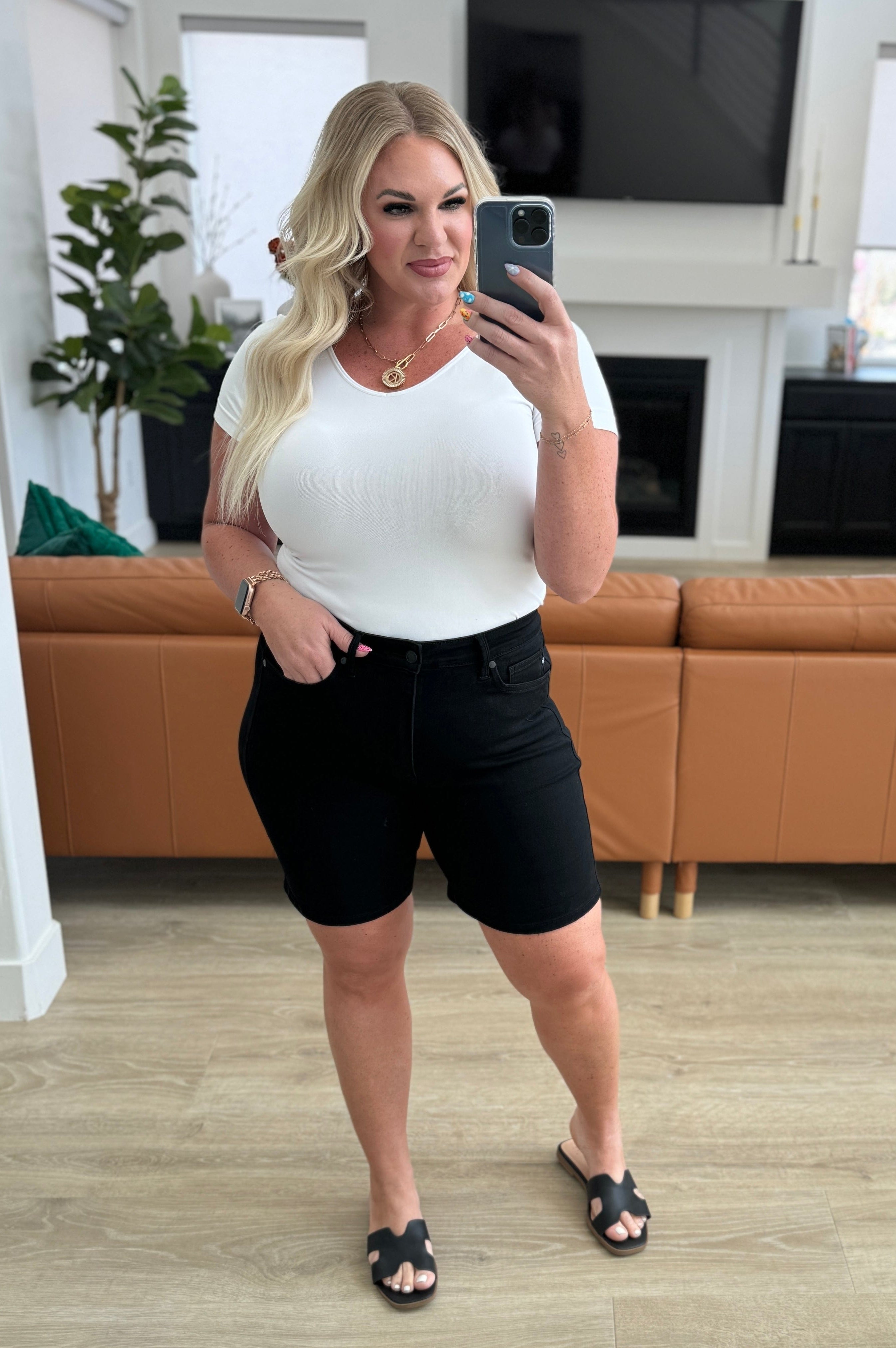 Ava High Rise Control Top Cuffed Shorts in Black-Denim-Stay Foxy Boutique, Florissant, Missouri