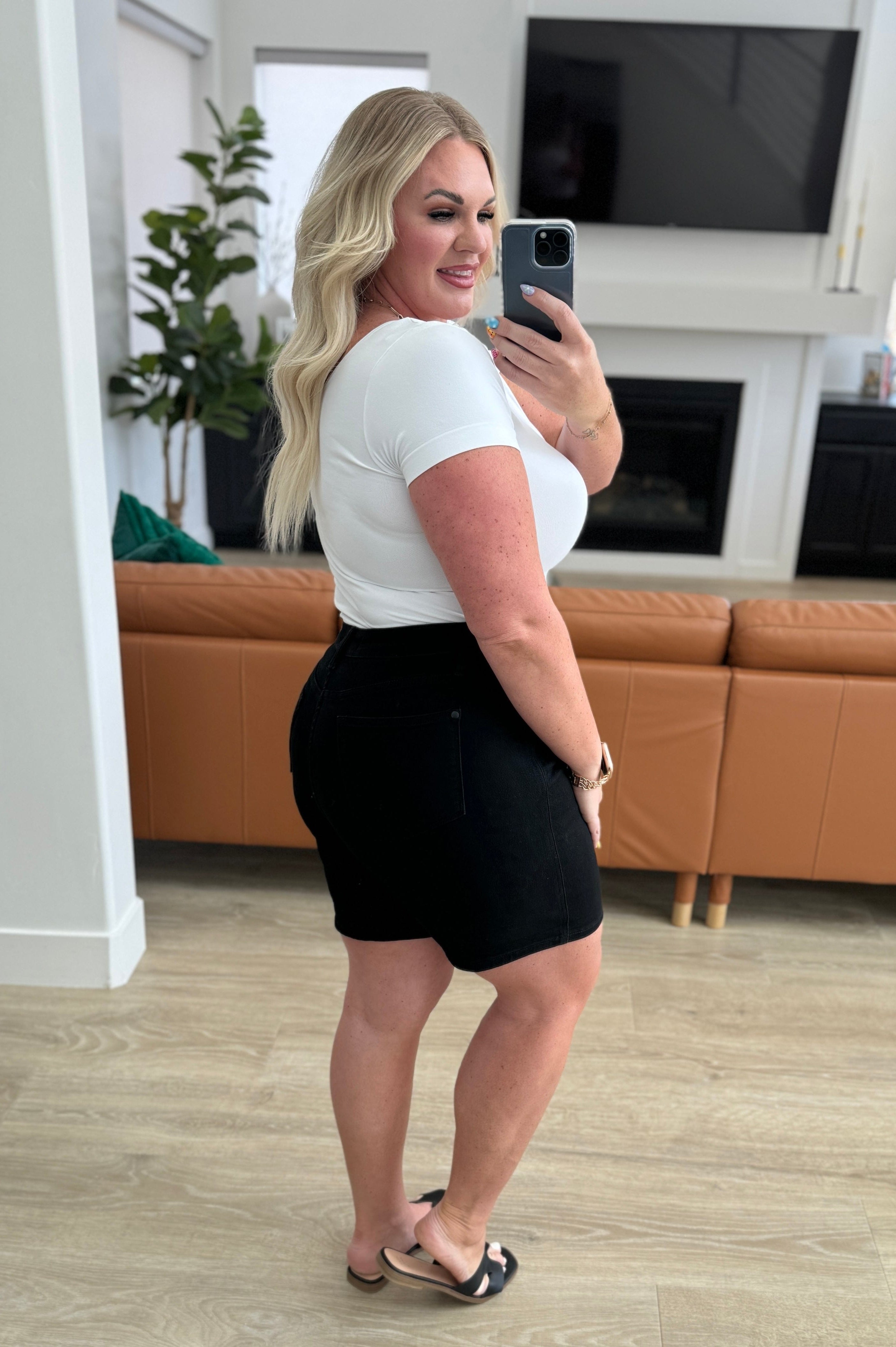 Ava High Rise Control Top Cuffed Shorts in Black-Denim-Stay Foxy Boutique, Florissant, Missouri