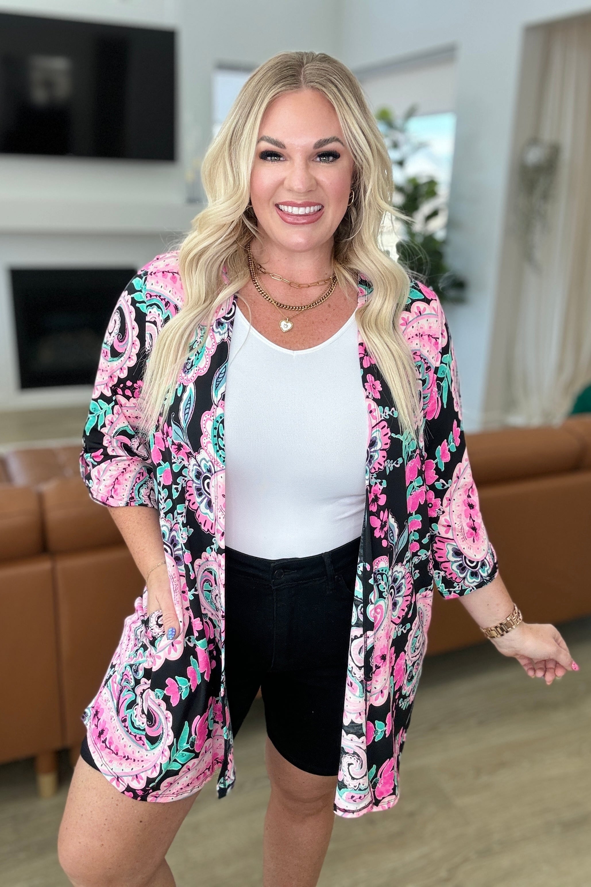 Lizzy Cardigan in Black and Pink Jumbo Paisley-Layers-Stay Foxy Boutique, Florissant, Missouri