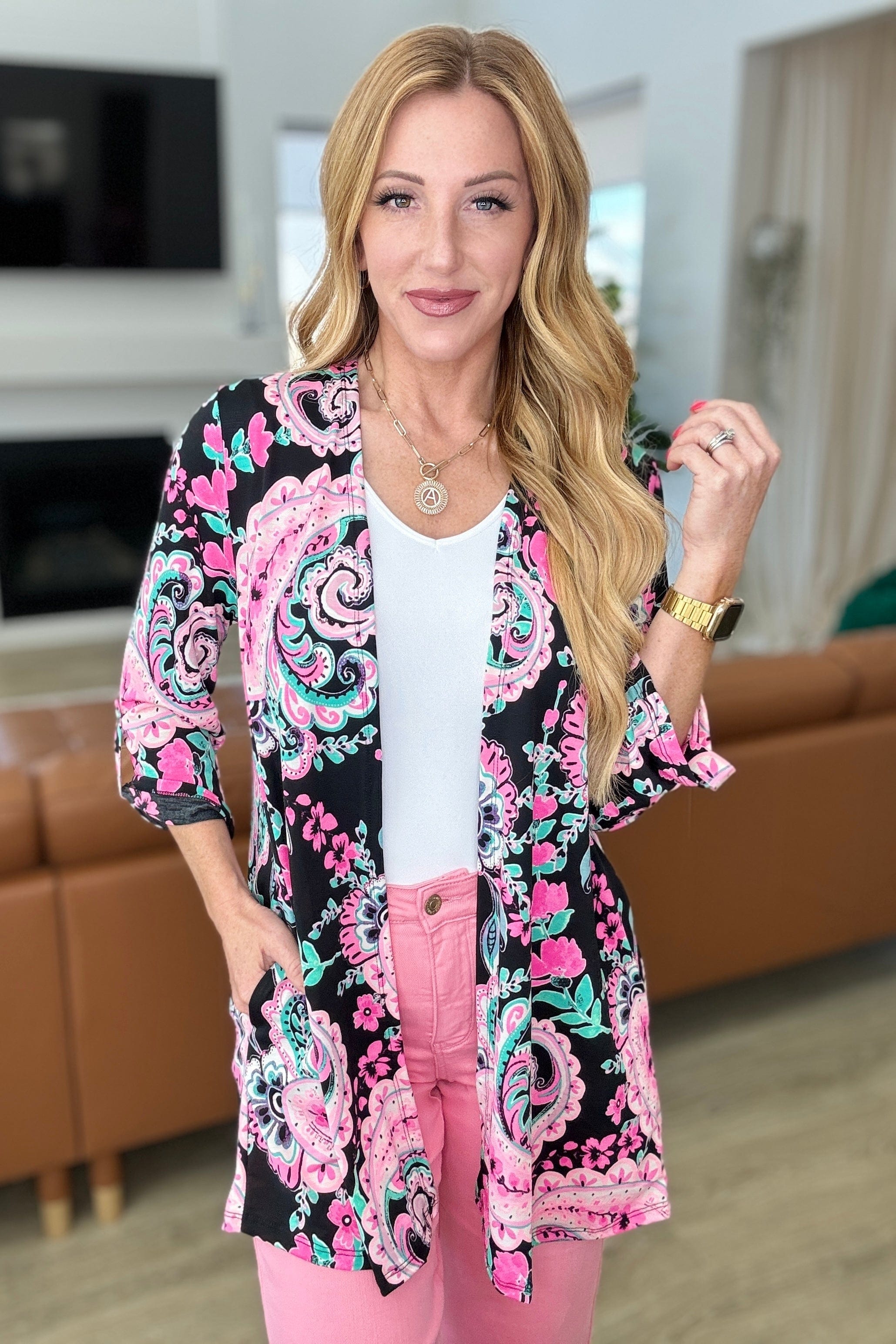 Lizzy Cardigan in Black and Pink Jumbo Paisley-Layers-Stay Foxy Boutique, Florissant, Missouri