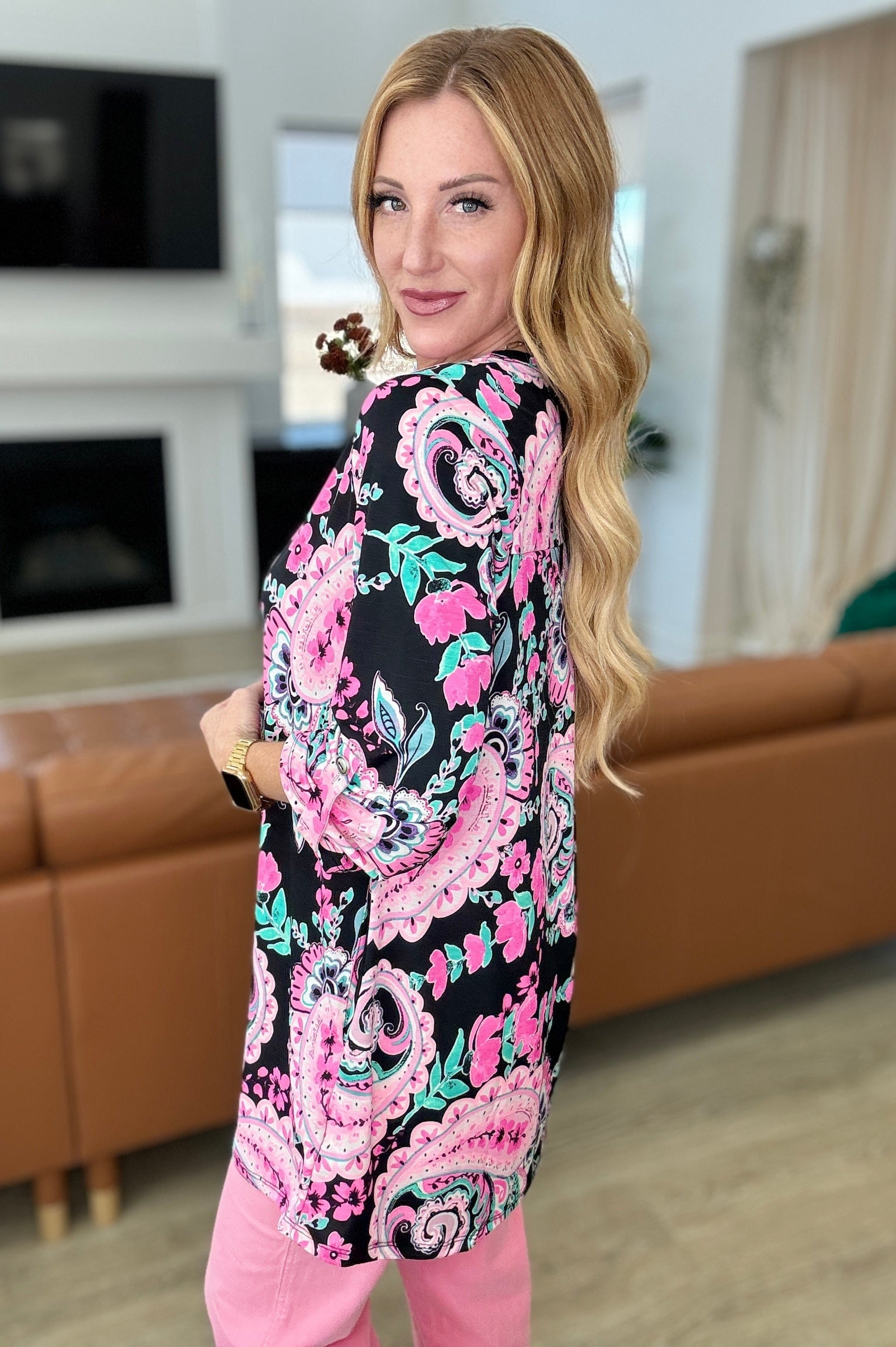 Lizzy Cardigan in Black and Pink Jumbo Paisley-Layers-Stay Foxy Boutique, Florissant, Missouri