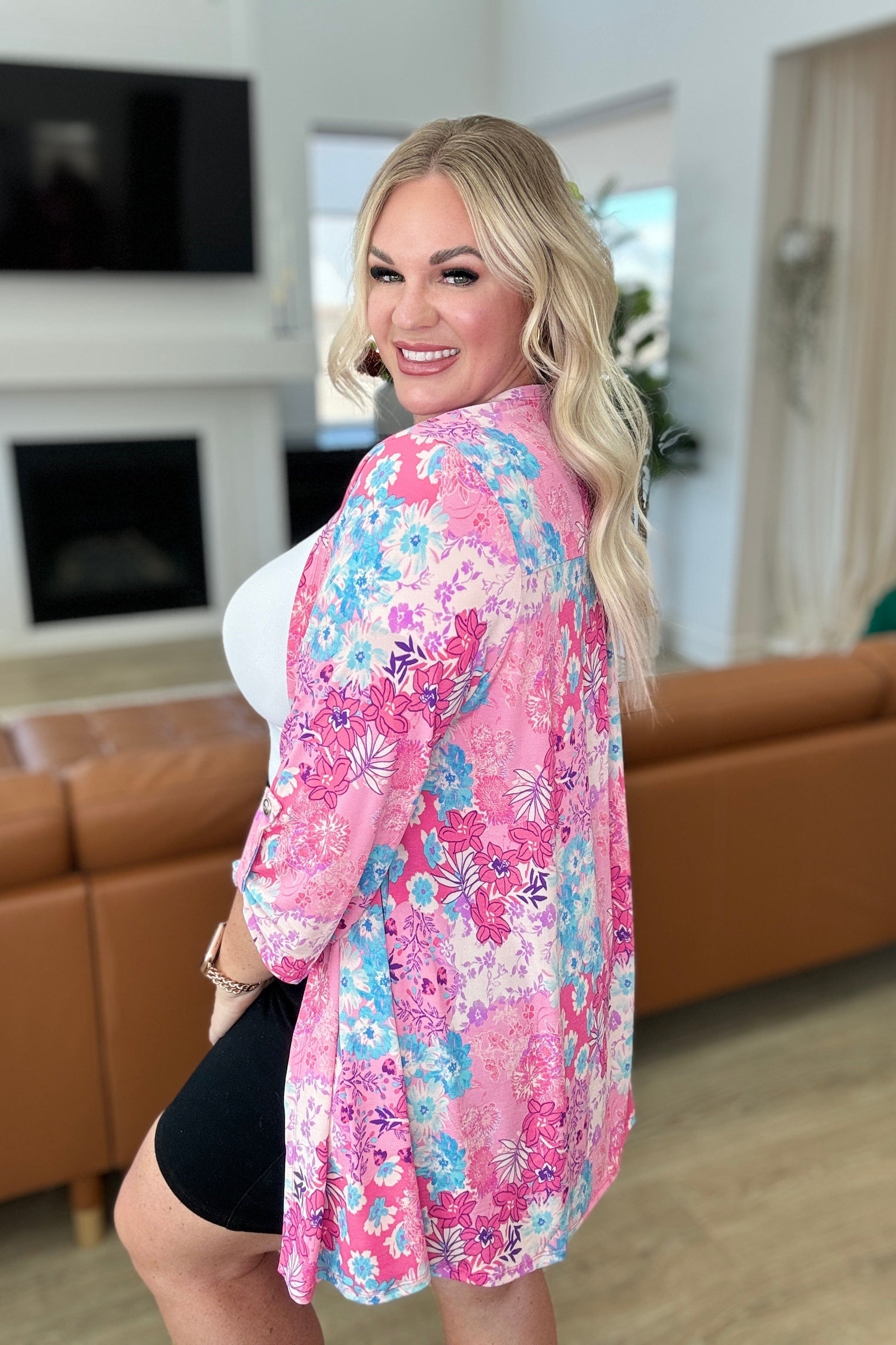 Lizzy Cardigan in Pink Patchwork Floral-Layers-Stay Foxy Boutique, Florissant, Missouri