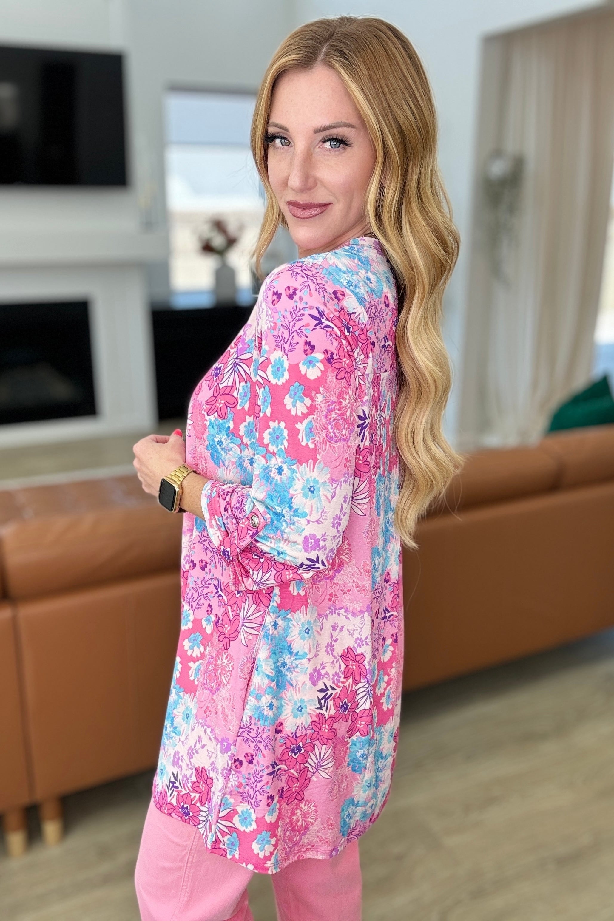 Lizzy Cardigan in Pink Patchwork Floral-Layers-Stay Foxy Boutique, Florissant, Missouri