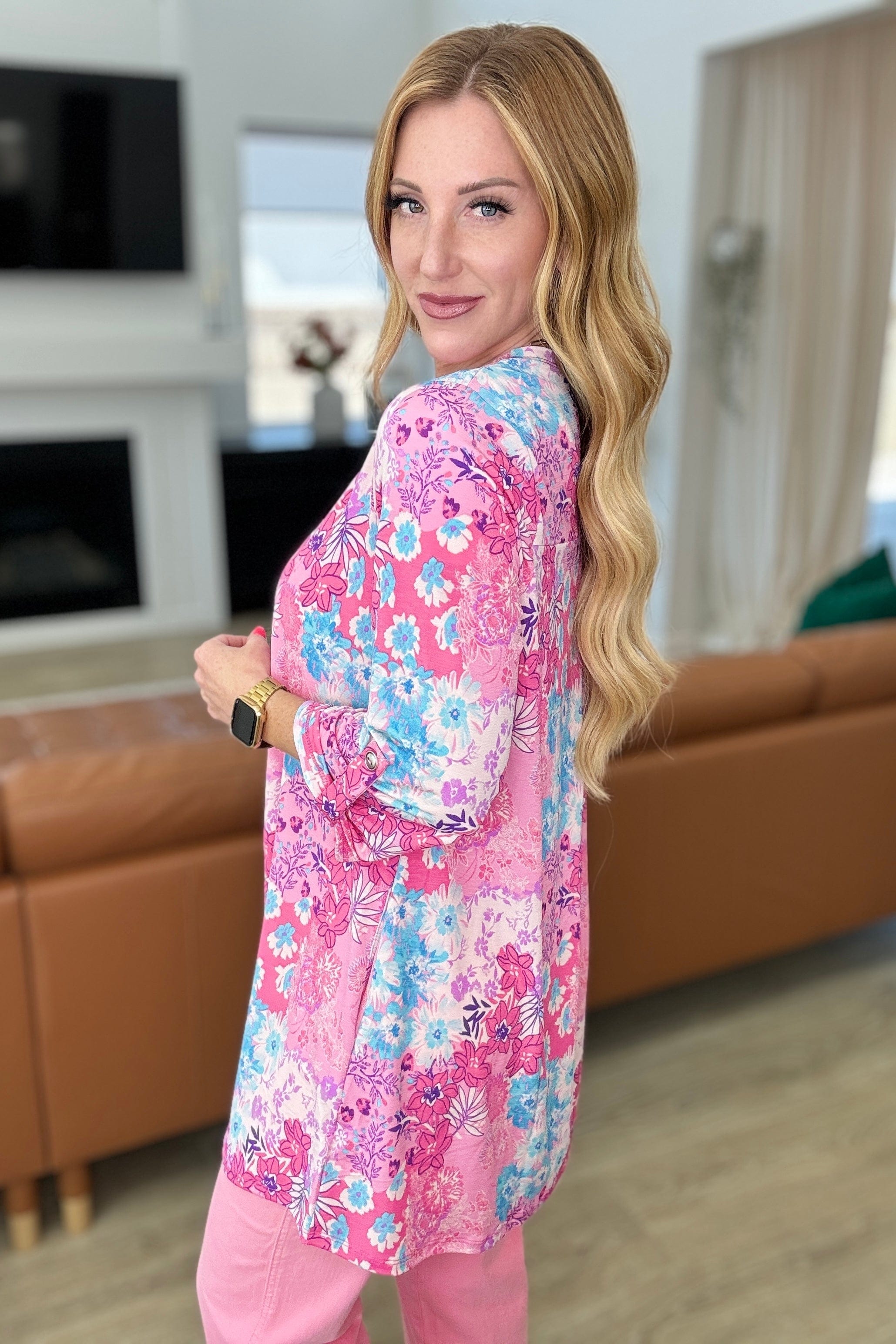 Lizzy Cardigan in Pink Patchwork Floral-Layers-Stay Foxy Boutique, Florissant, Missouri